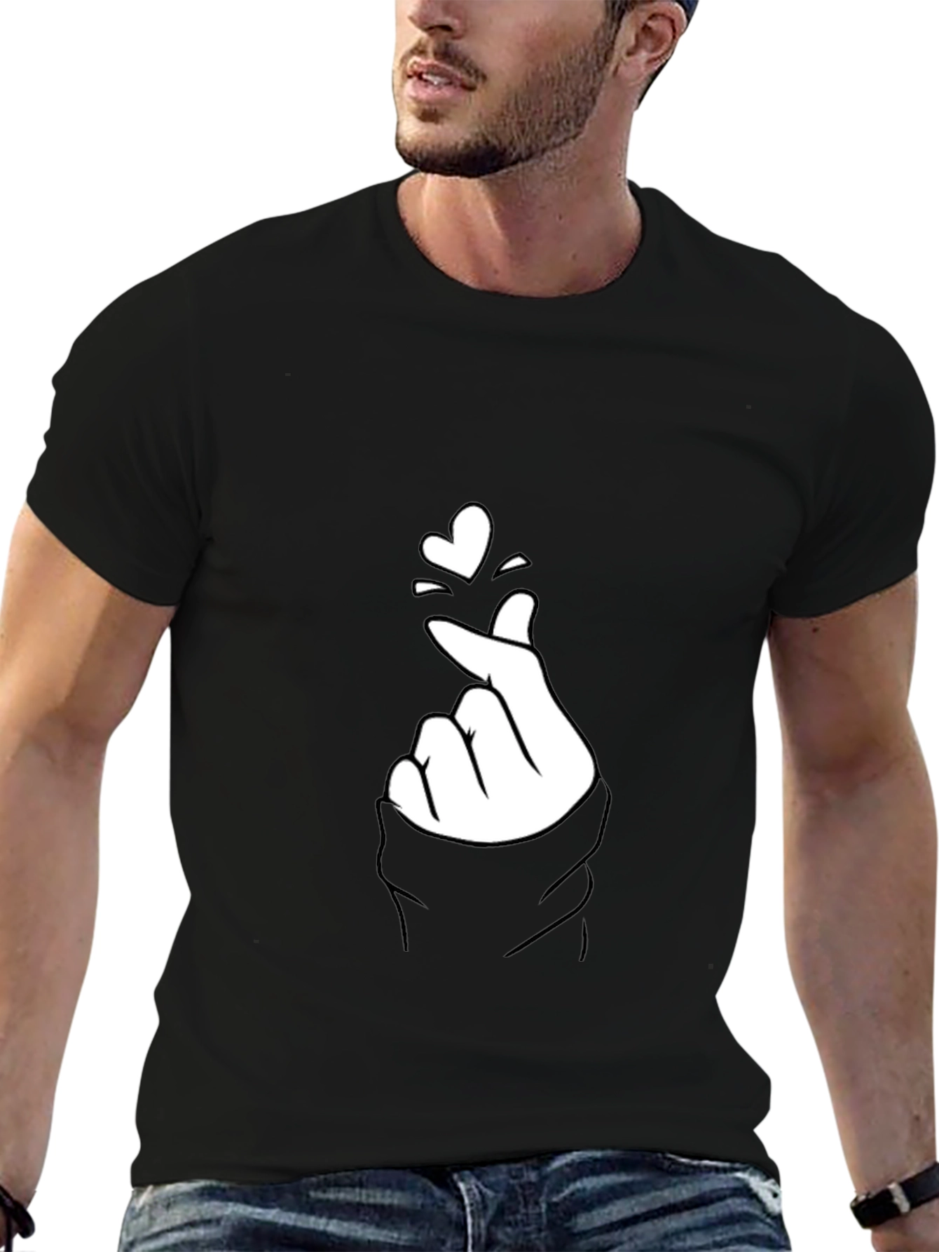 Black Tee with Finger Heart Graphic