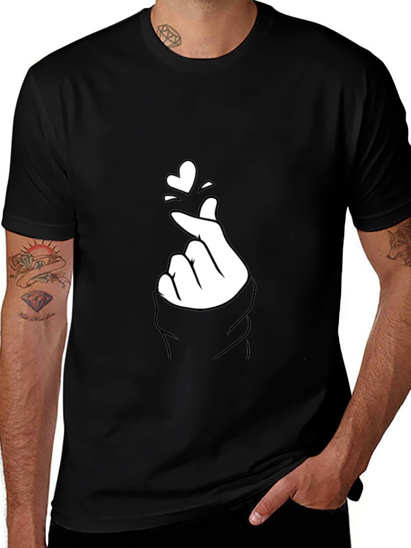 Black Tee with Finger Heart Graphic