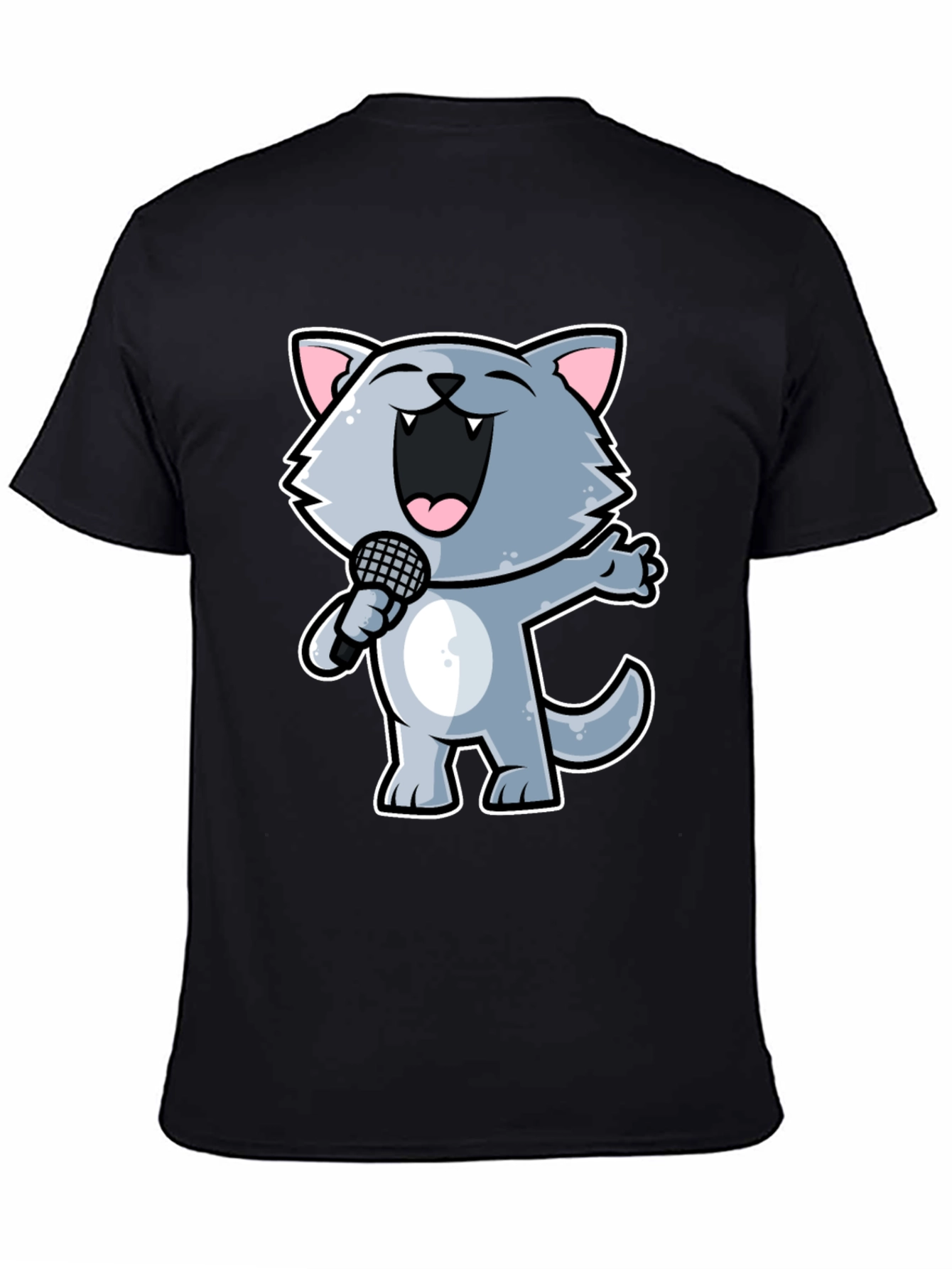 Singing Cartoon Cat T-Shirt - Black Crew Neck