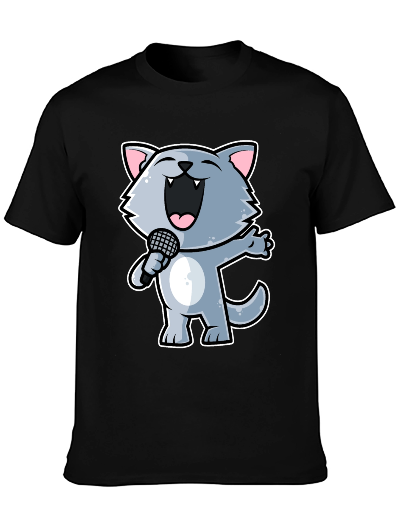 Singing Cartoon Cat T-Shirt - Black Crew Neck