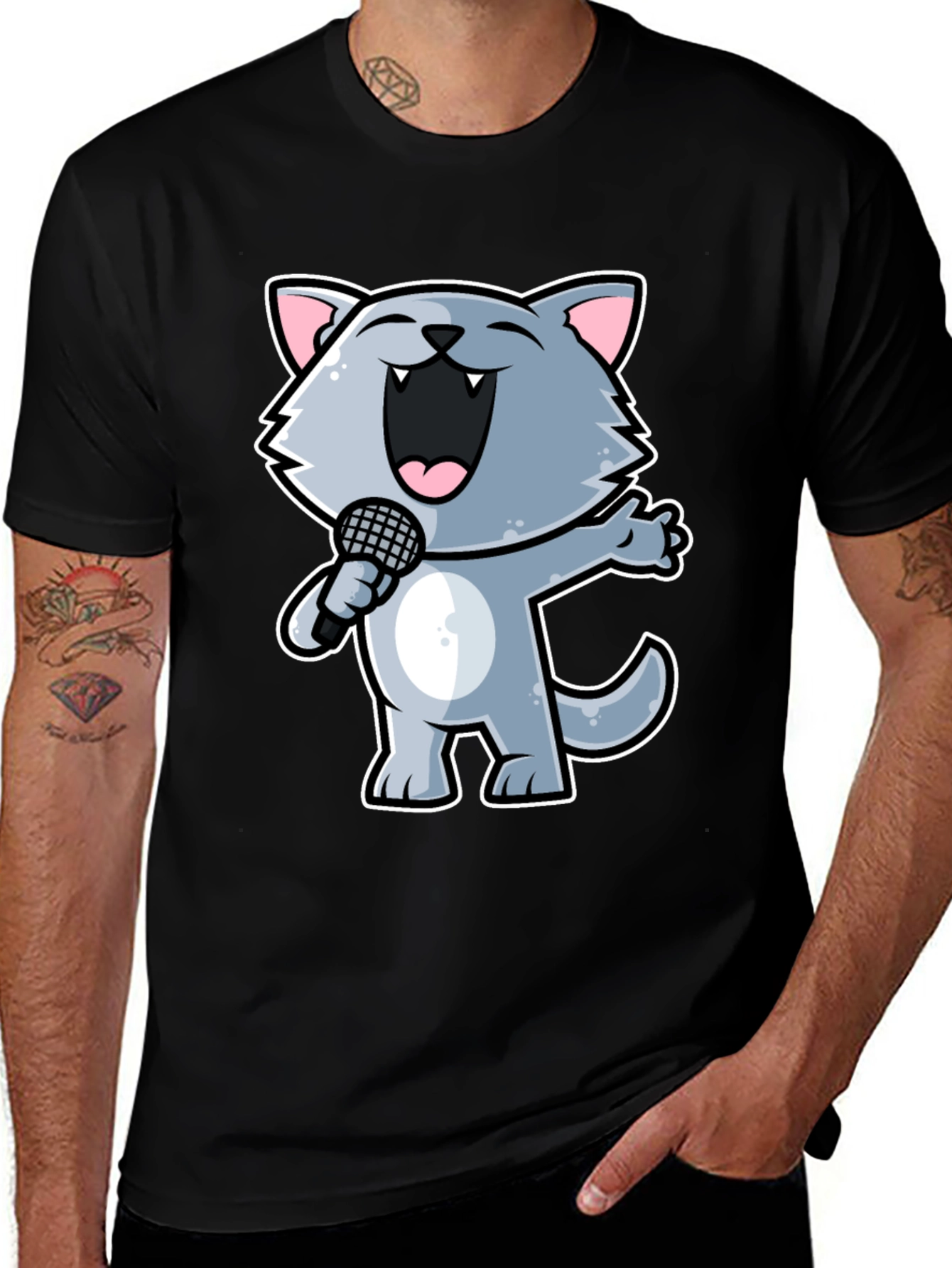 Singing Cartoon Cat T-Shirt - Black Crew Neck