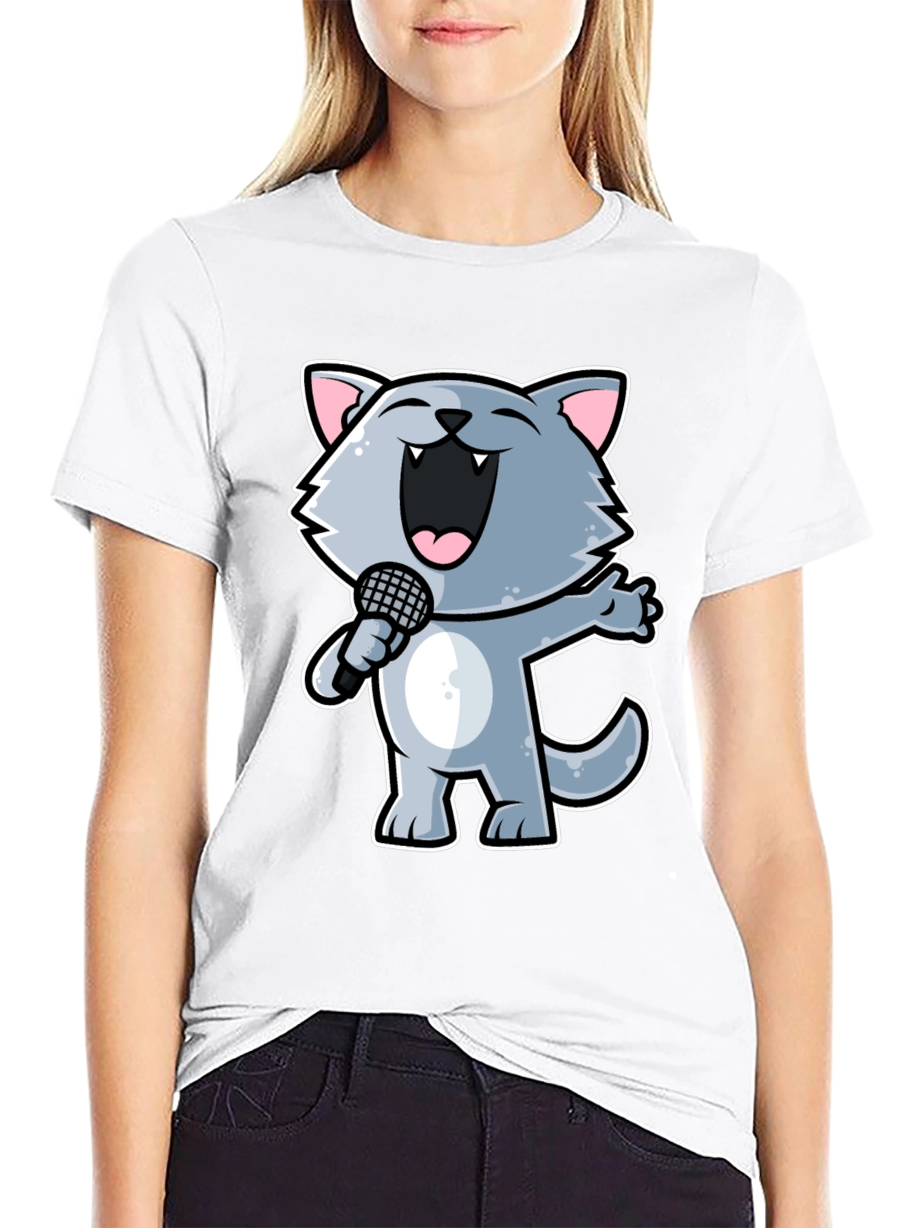 Singing Cartoon Cat T-Shirt - Black Crew Neck