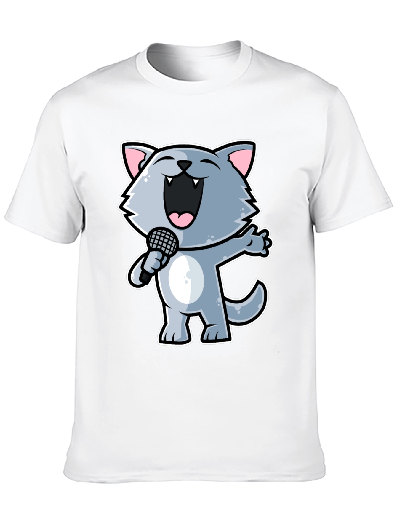 Singing Cartoon Cat T-Shirt - Black Crew Neck