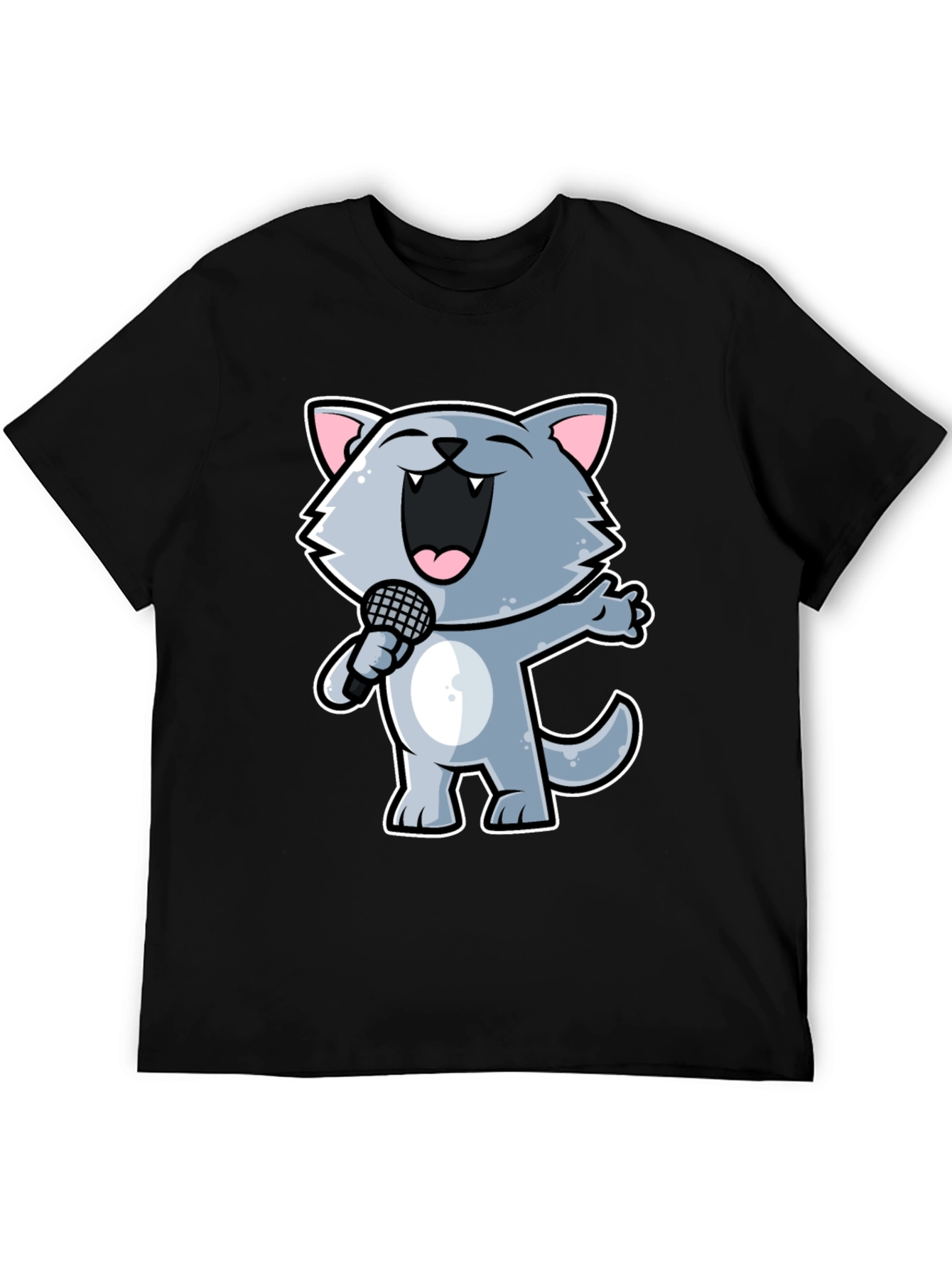 Singing Cartoon Cat T-Shirt - Black Crew Neck