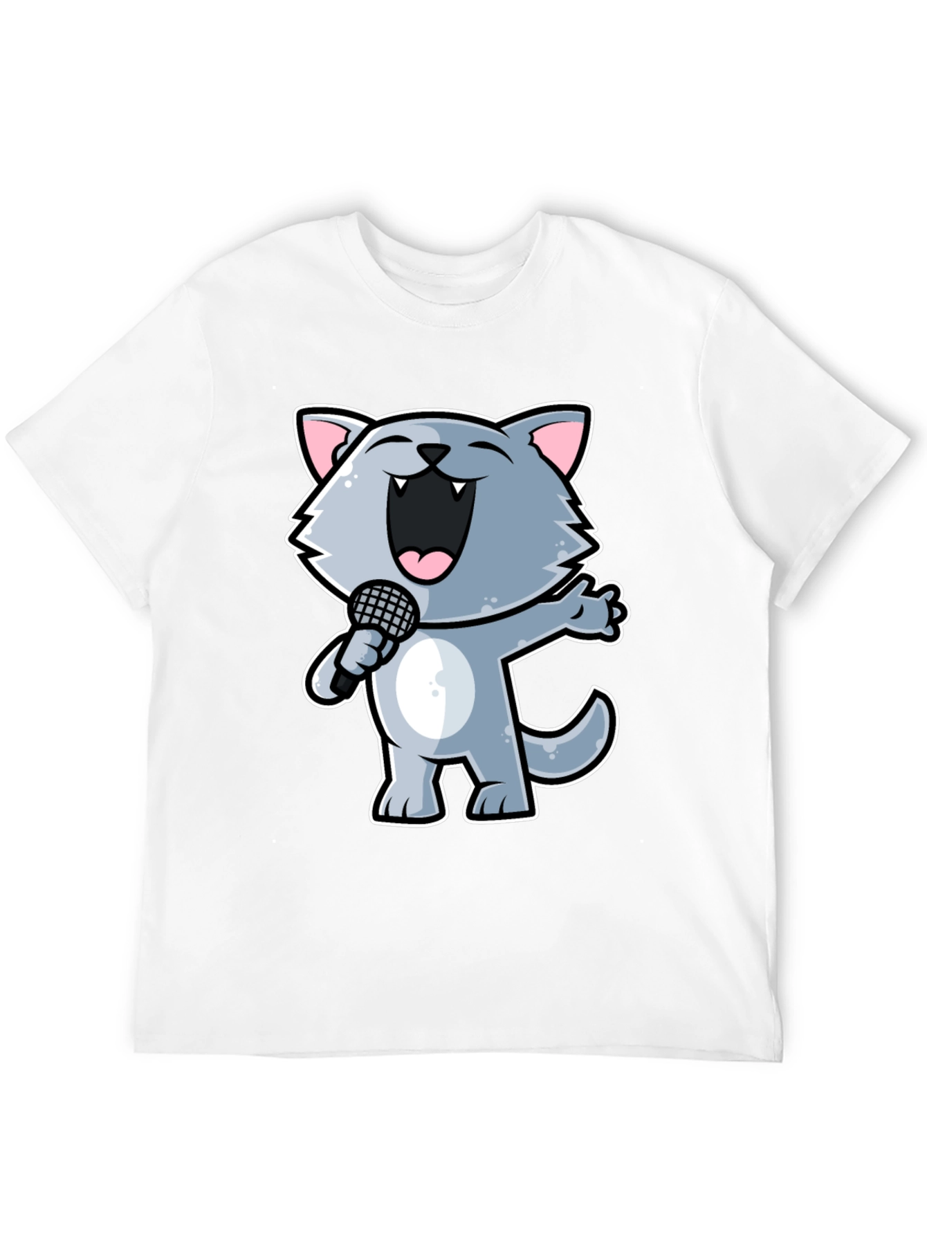 Singing Cartoon Cat T-Shirt - Black Crew Neck