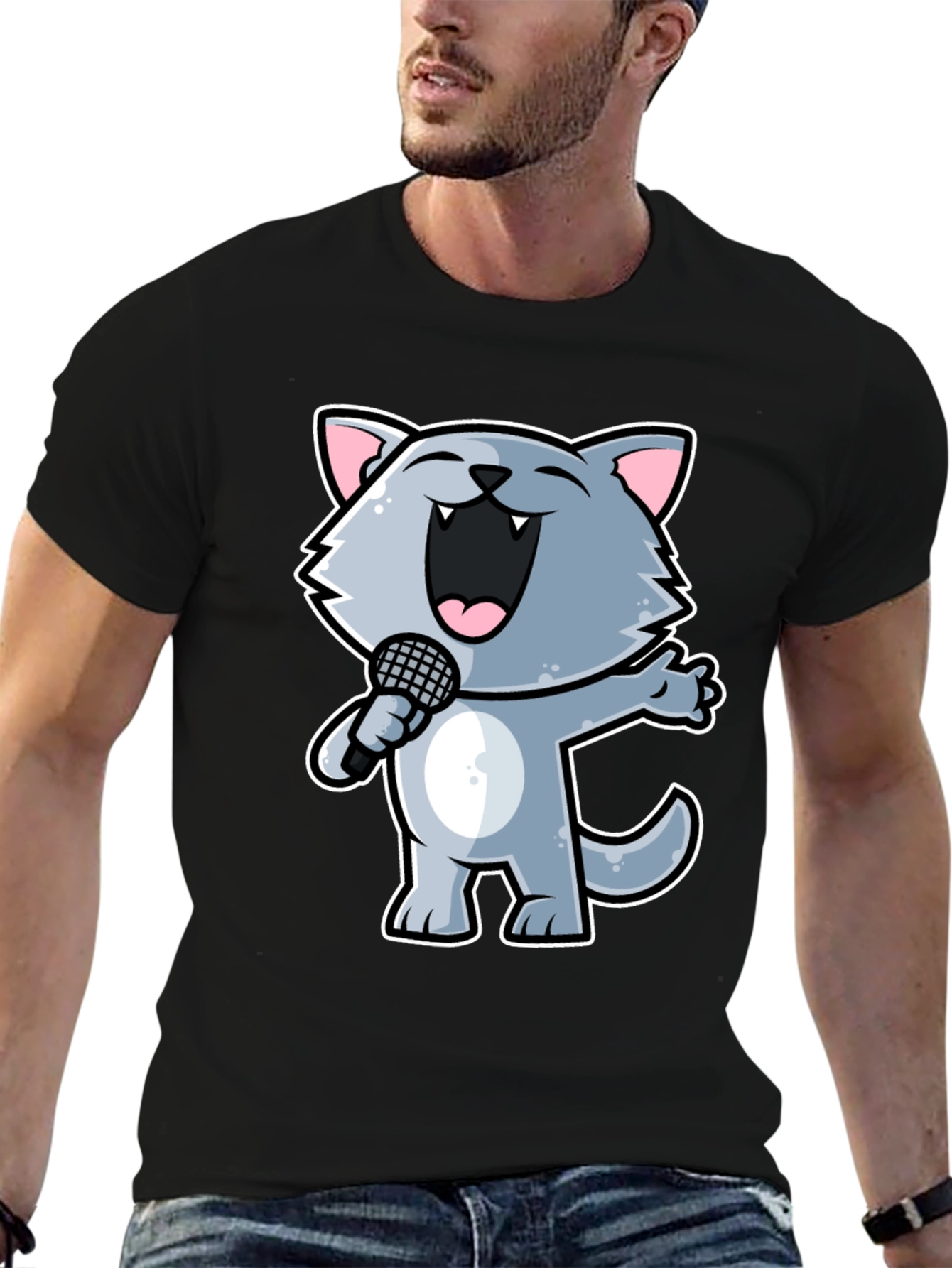 Singing Cartoon Cat T-Shirt - Black Crew Neck