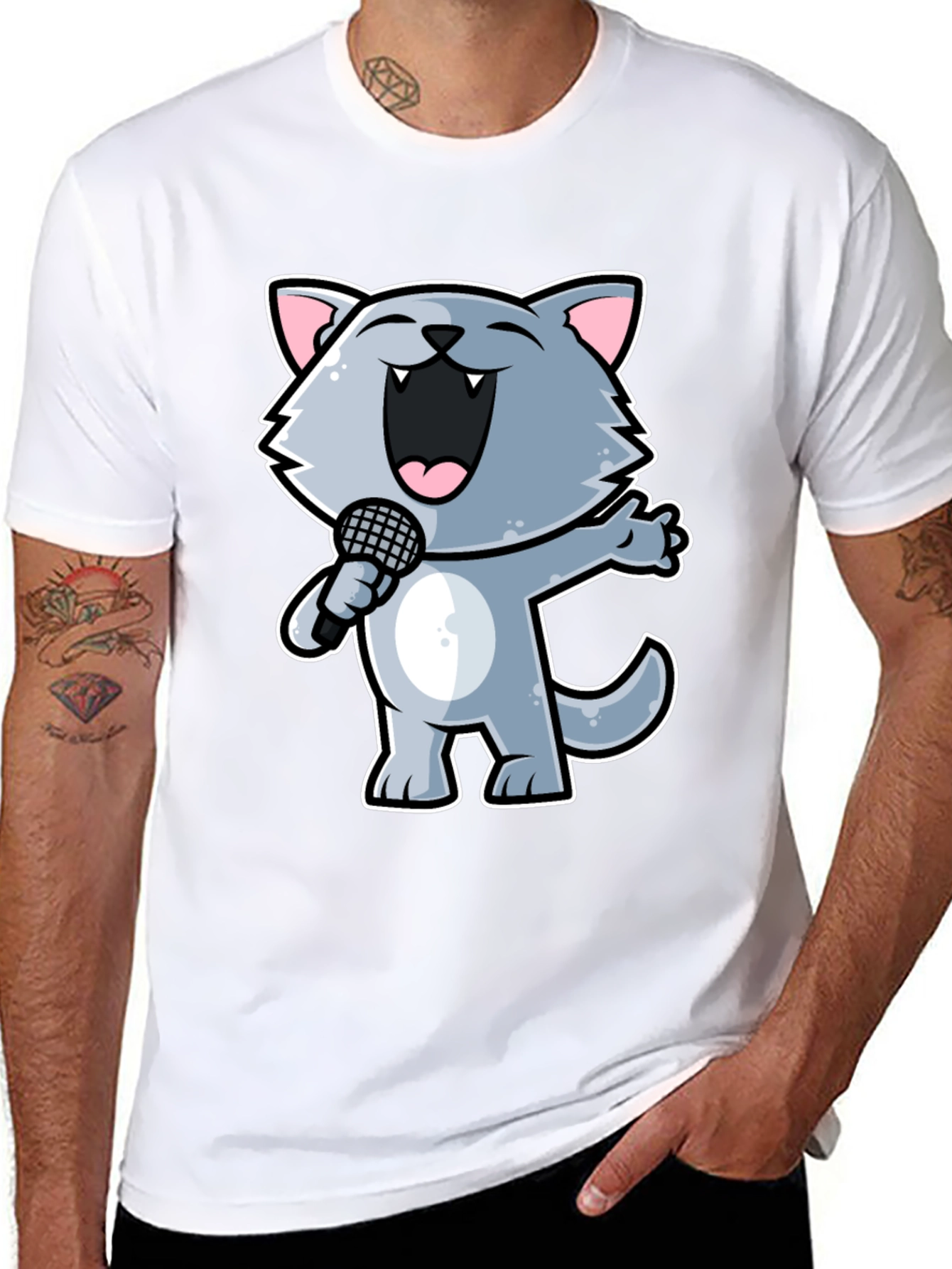 Singing Cartoon Cat T-Shirt - Black Crew Neck