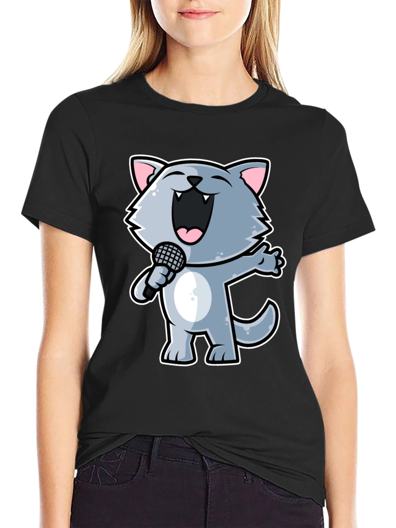 Singing Cartoon Cat T-Shirt - Black Crew Neck