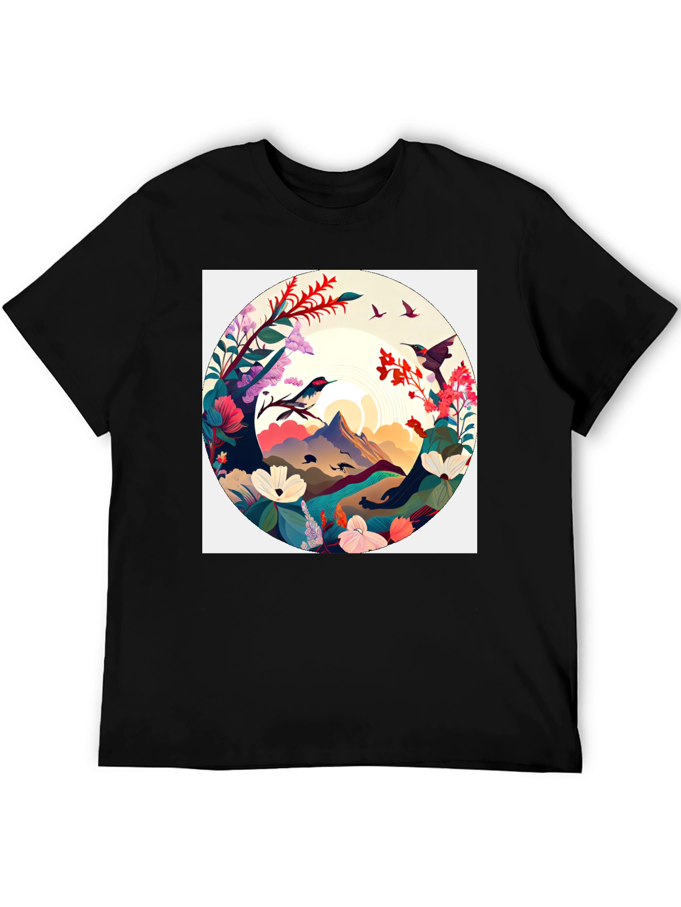Natures Embrace T-Shirt: Artistic Mountain & Bird Design