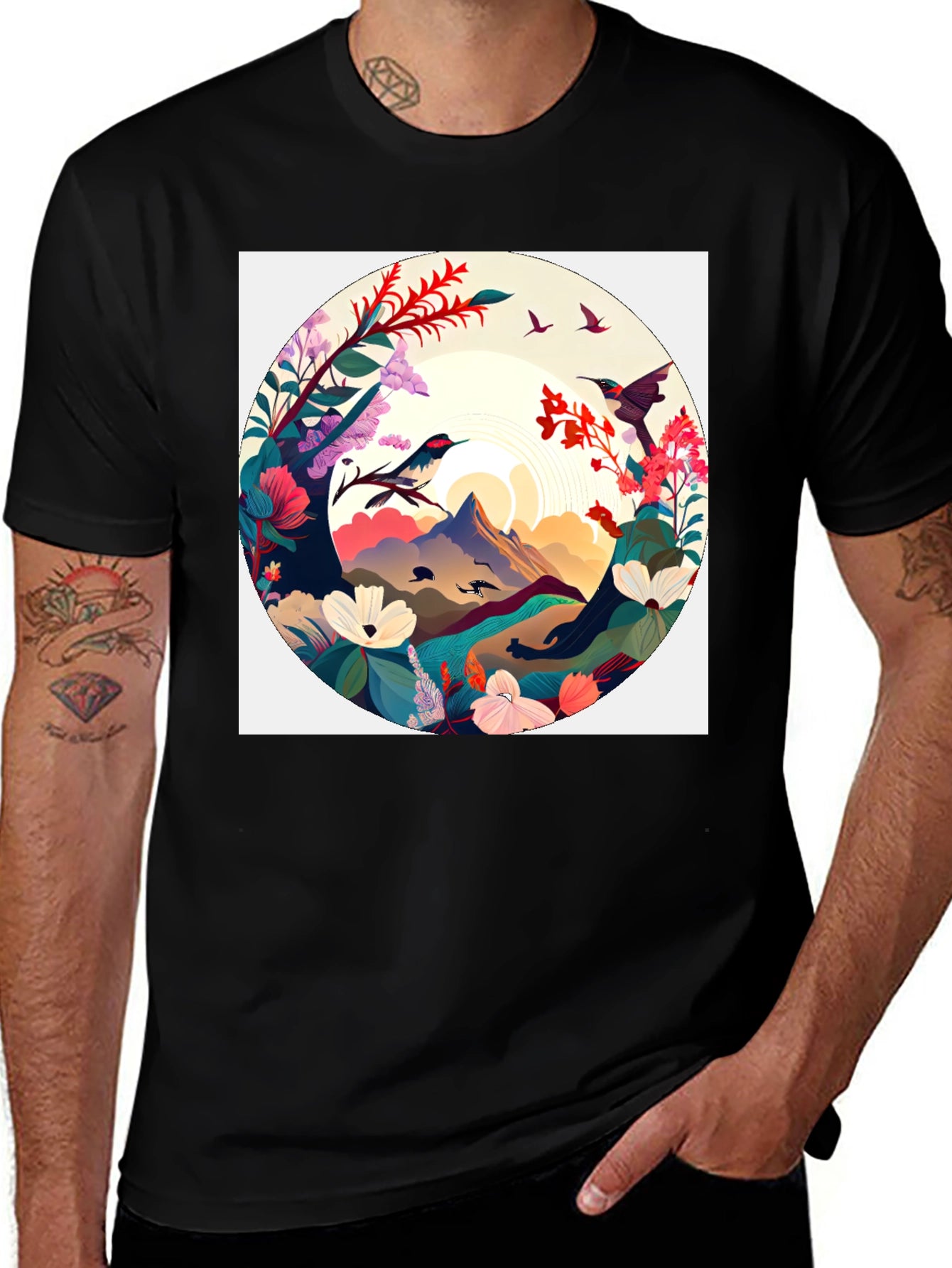 Natures Embrace T-Shirt: Artistic Mountain & Bird Design
