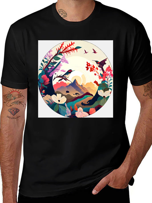 Natures Embrace T-Shirt: Artistic Mountain & Bird Design