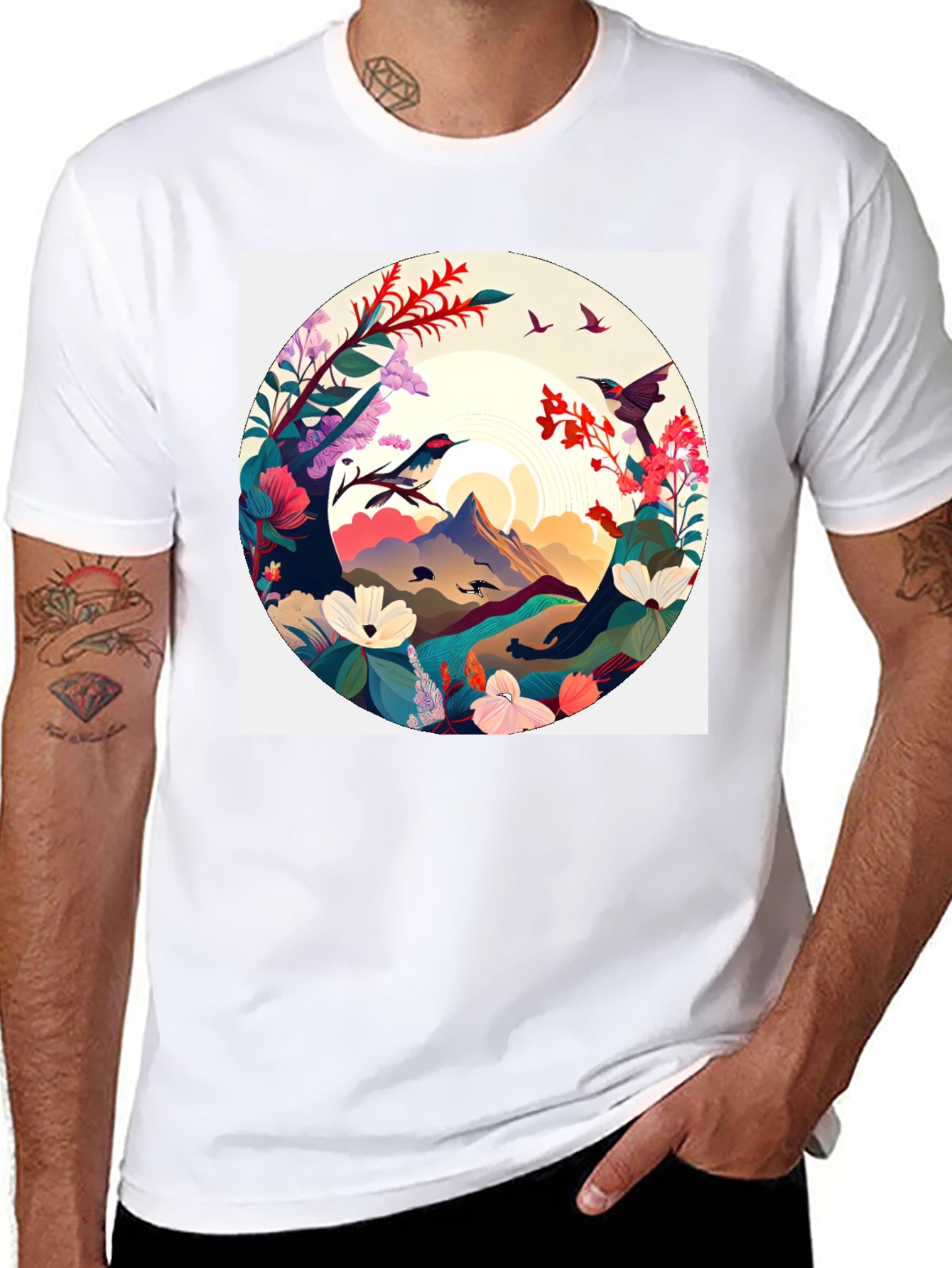 Natures Embrace T-Shirt: Artistic Mountain & Bird Design