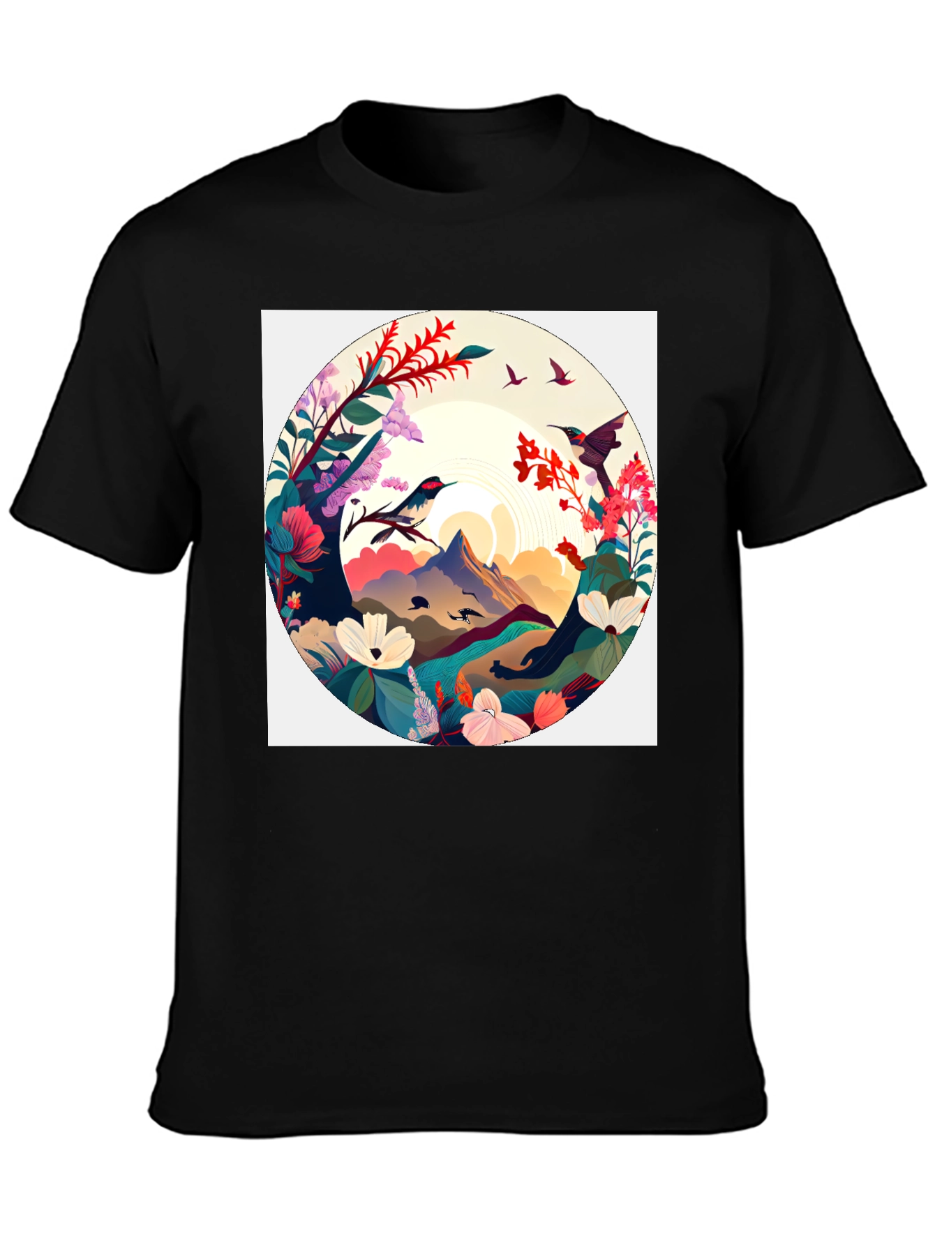 Natures Embrace T-Shirt: Artistic Mountain & Bird Design