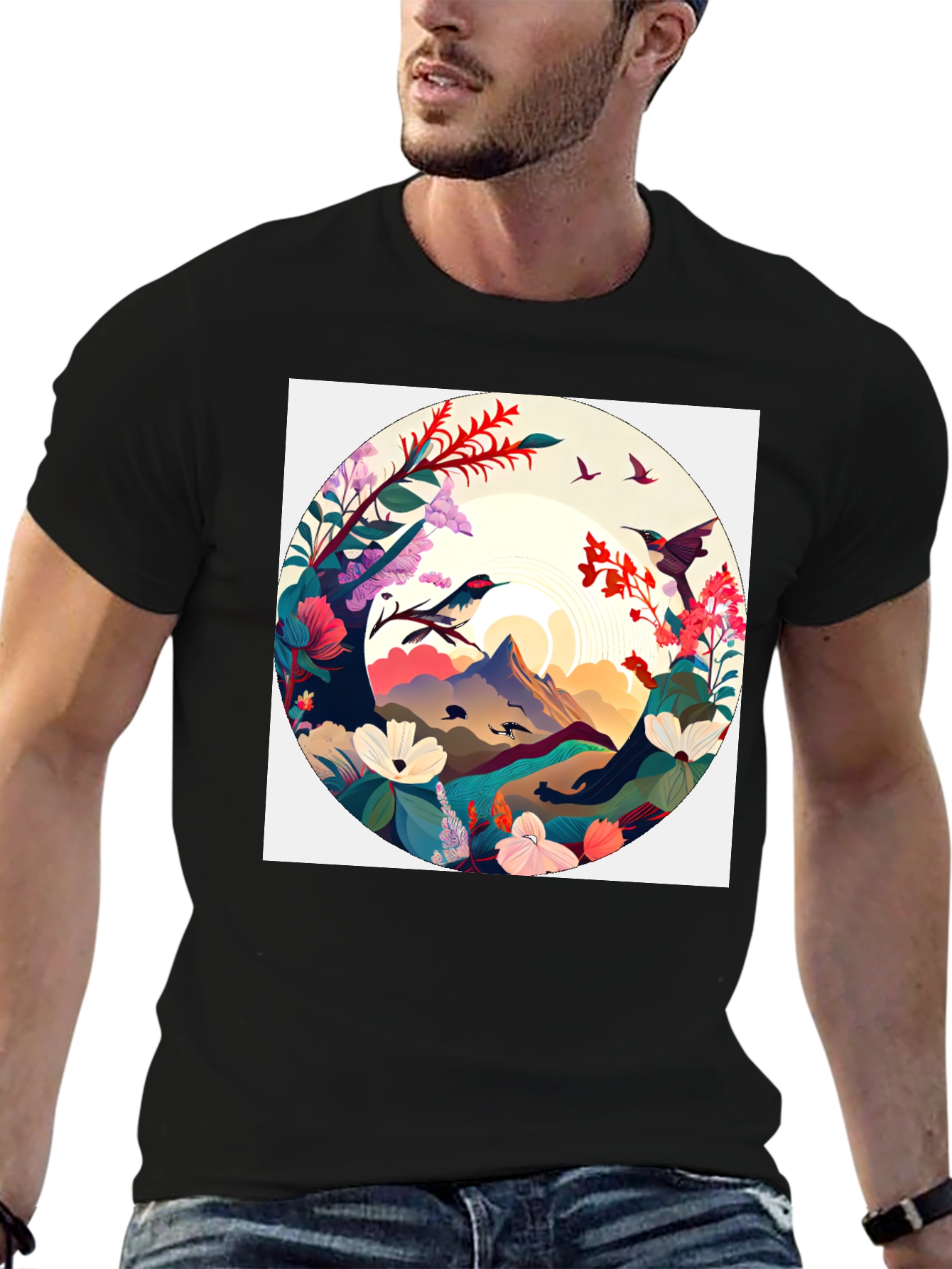 Natures Embrace T-Shirt: Artistic Mountain & Bird Design