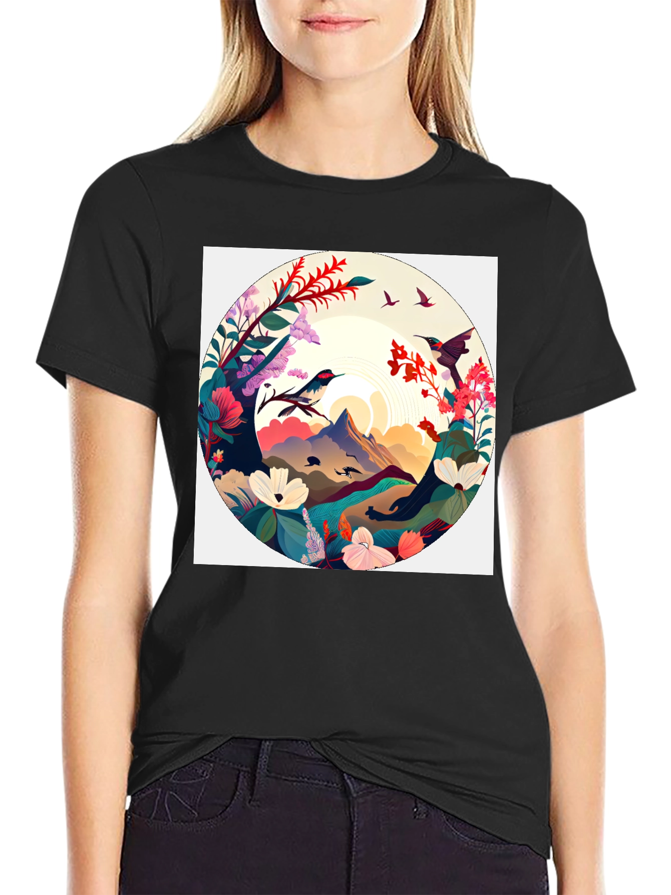 Natures Embrace T-Shirt: Artistic Mountain & Bird Design
