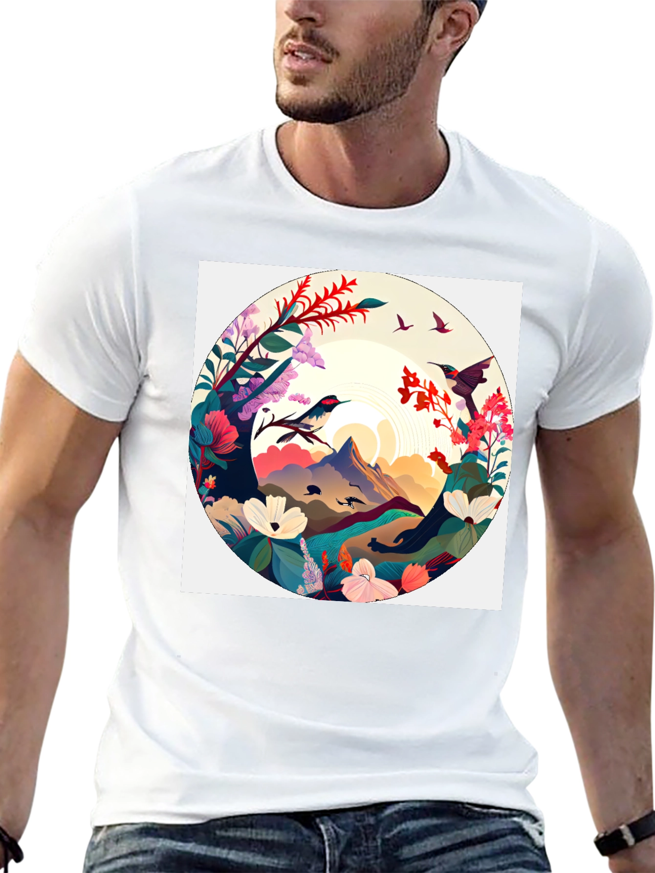 Natures Embrace T-Shirt: Artistic Mountain & Bird Design