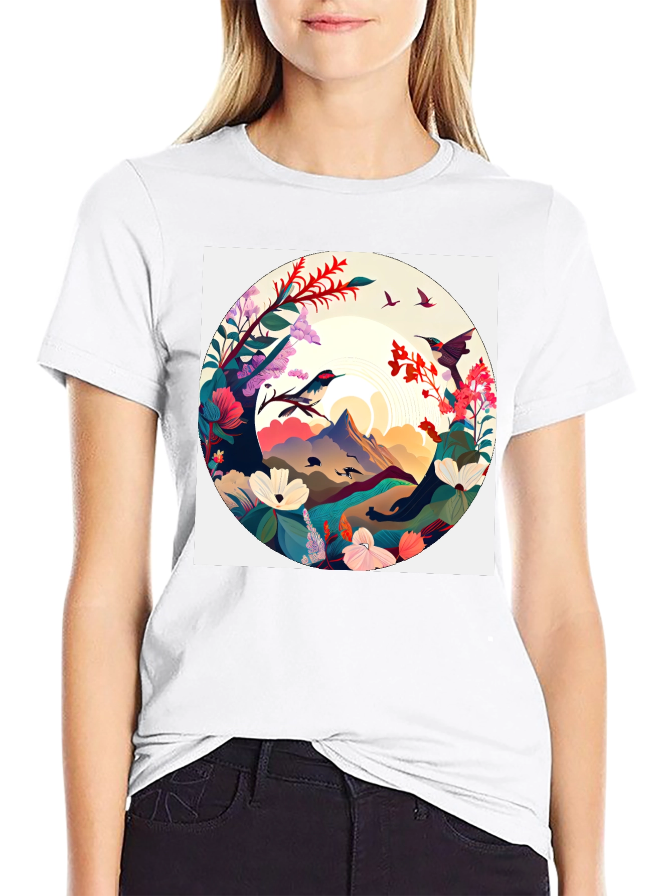Natures Embrace T-Shirt: Artistic Mountain & Bird Design