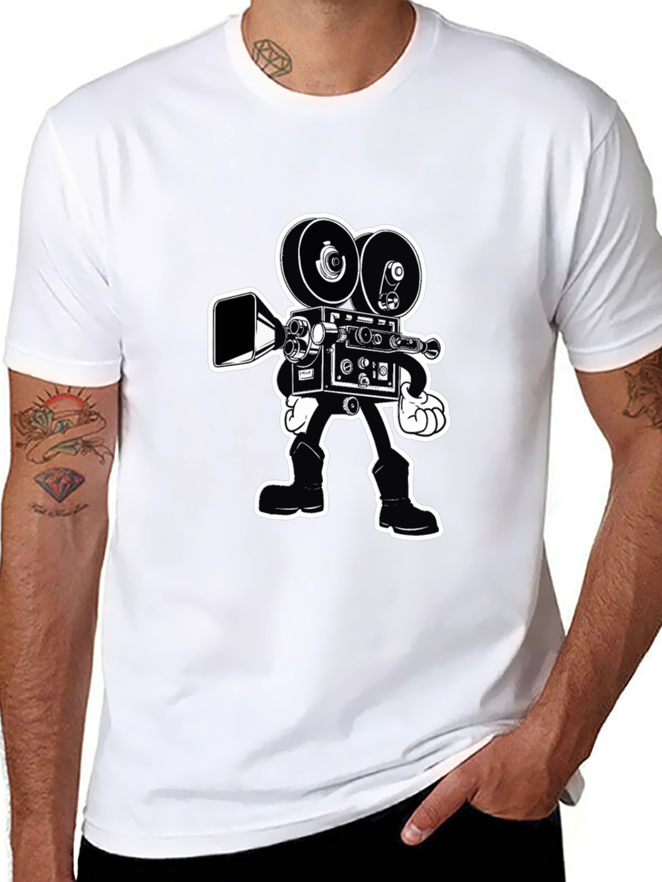 Retro Cartoon Movie Camera T-Shirt - Black Cotton Tee