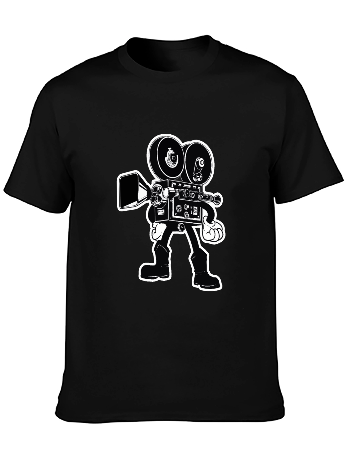 Retro Cartoon Movie Camera T-Shirt - Black Cotton Tee