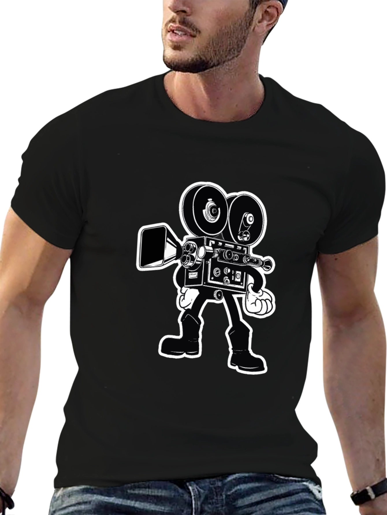 Retro Cartoon Movie Camera T-Shirt - Black Cotton Tee
