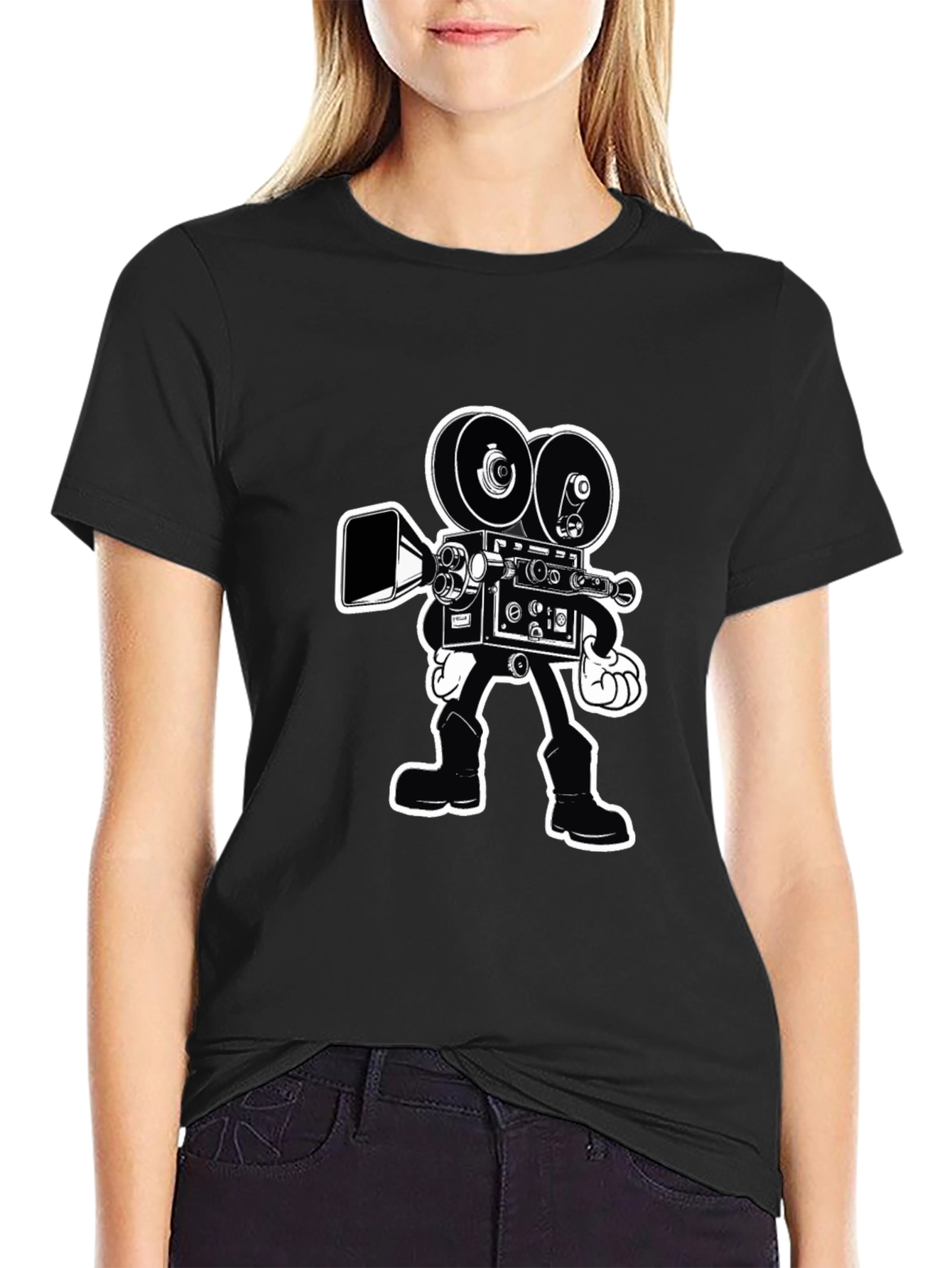 Retro Cartoon Movie Camera T-Shirt - Black Cotton Tee