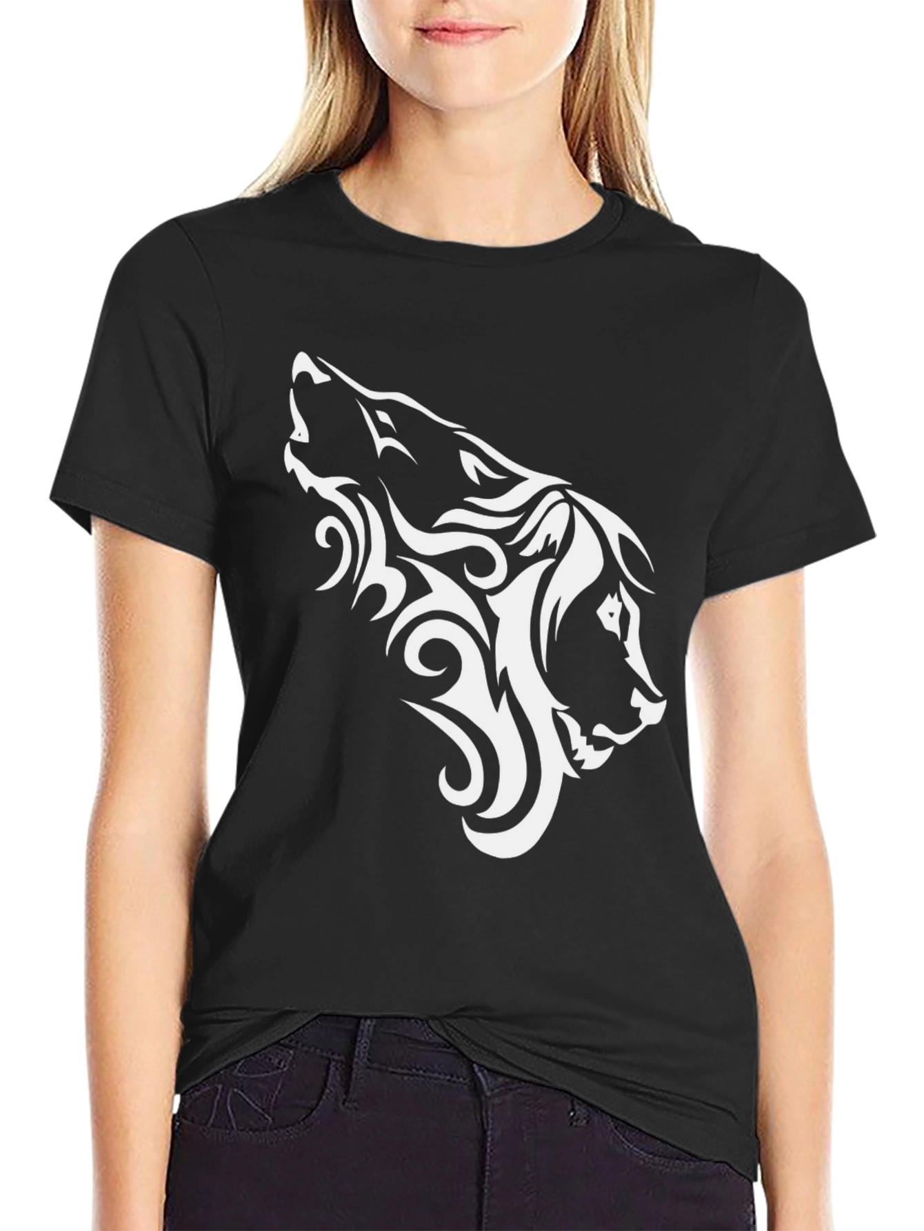 Tribal Wolf Head Graphic Black T-Shirt