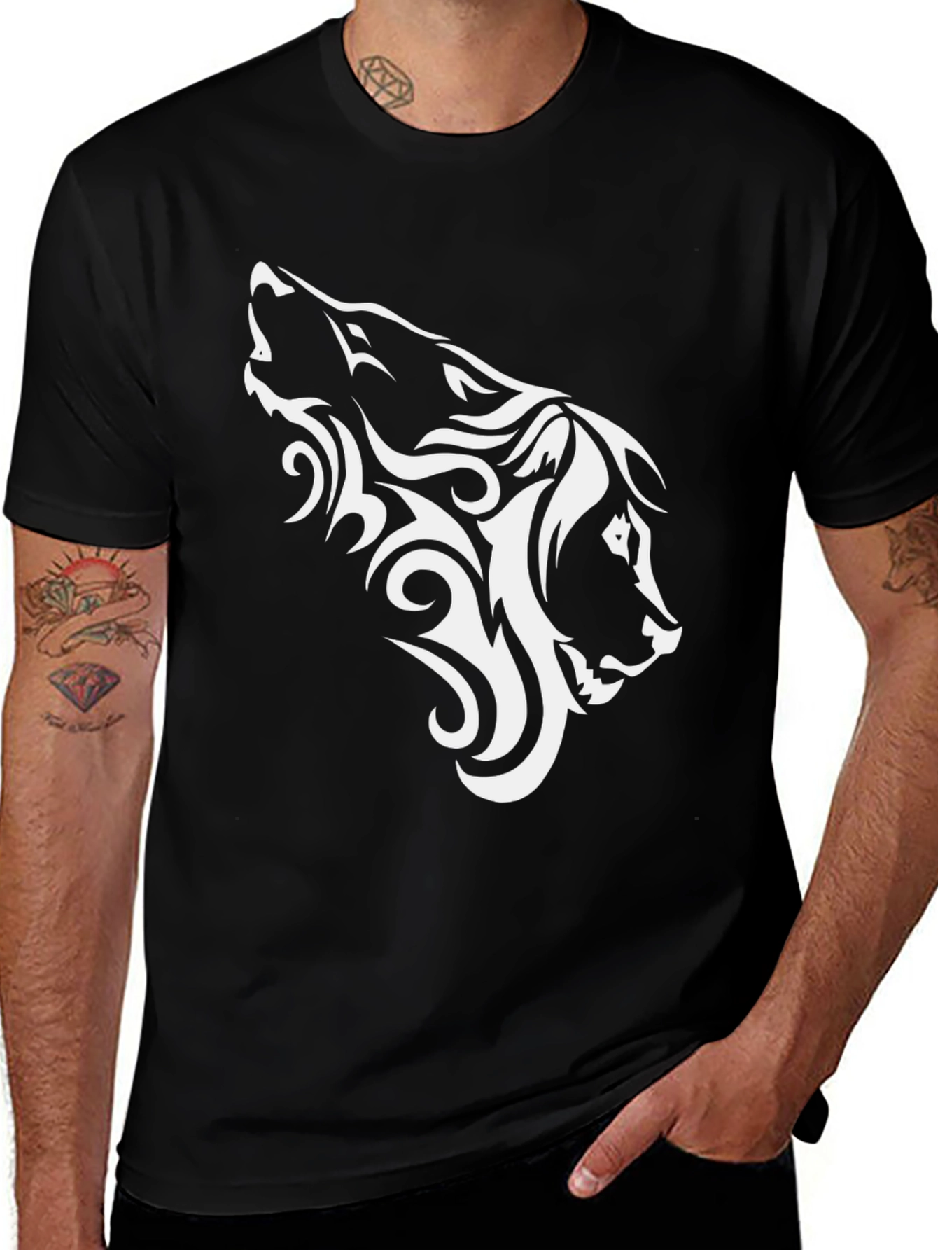 Tribal Wolf Head Graphic Black T-Shirt