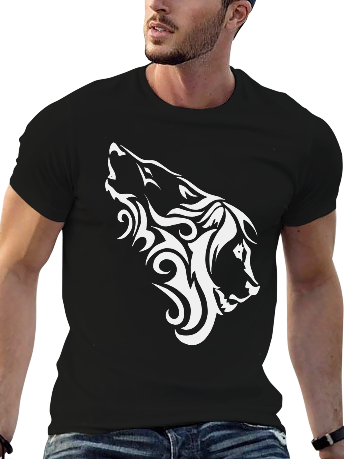 Tribal Wolf Head Graphic Black T-Shirt