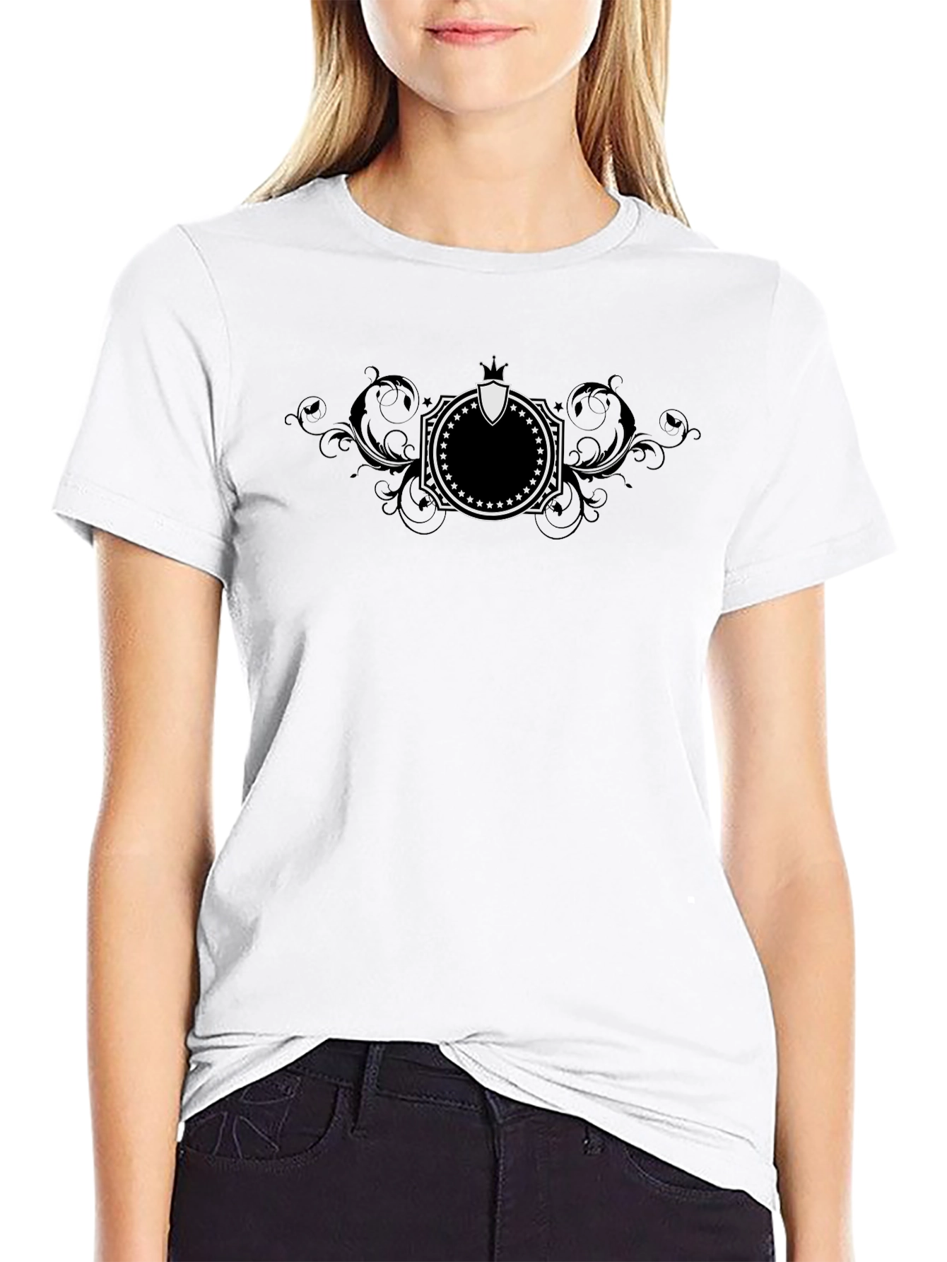 Black Graphic Tee with Crest Design