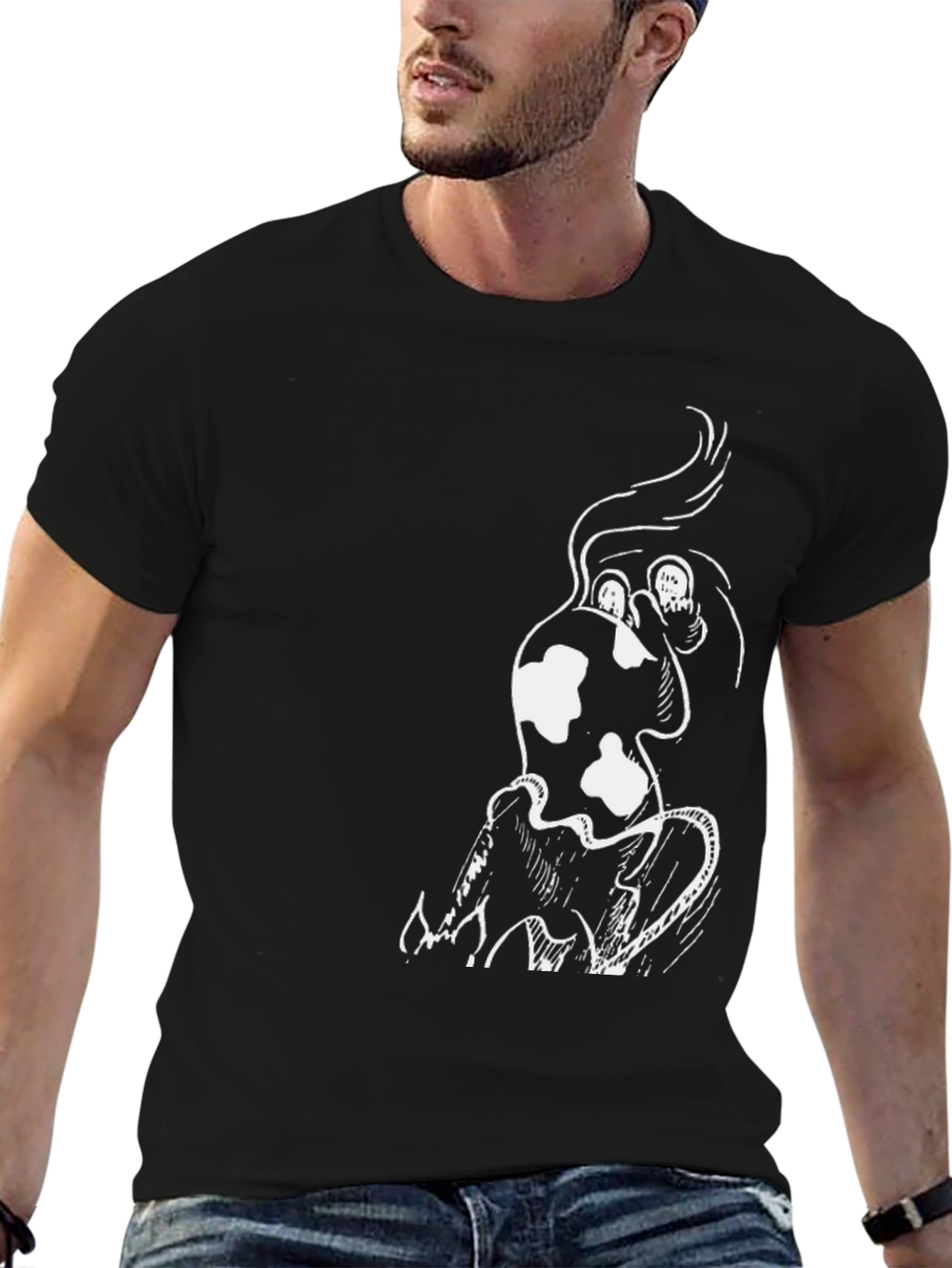 Mens Black T-Shirt with Unique White Graphic Design
