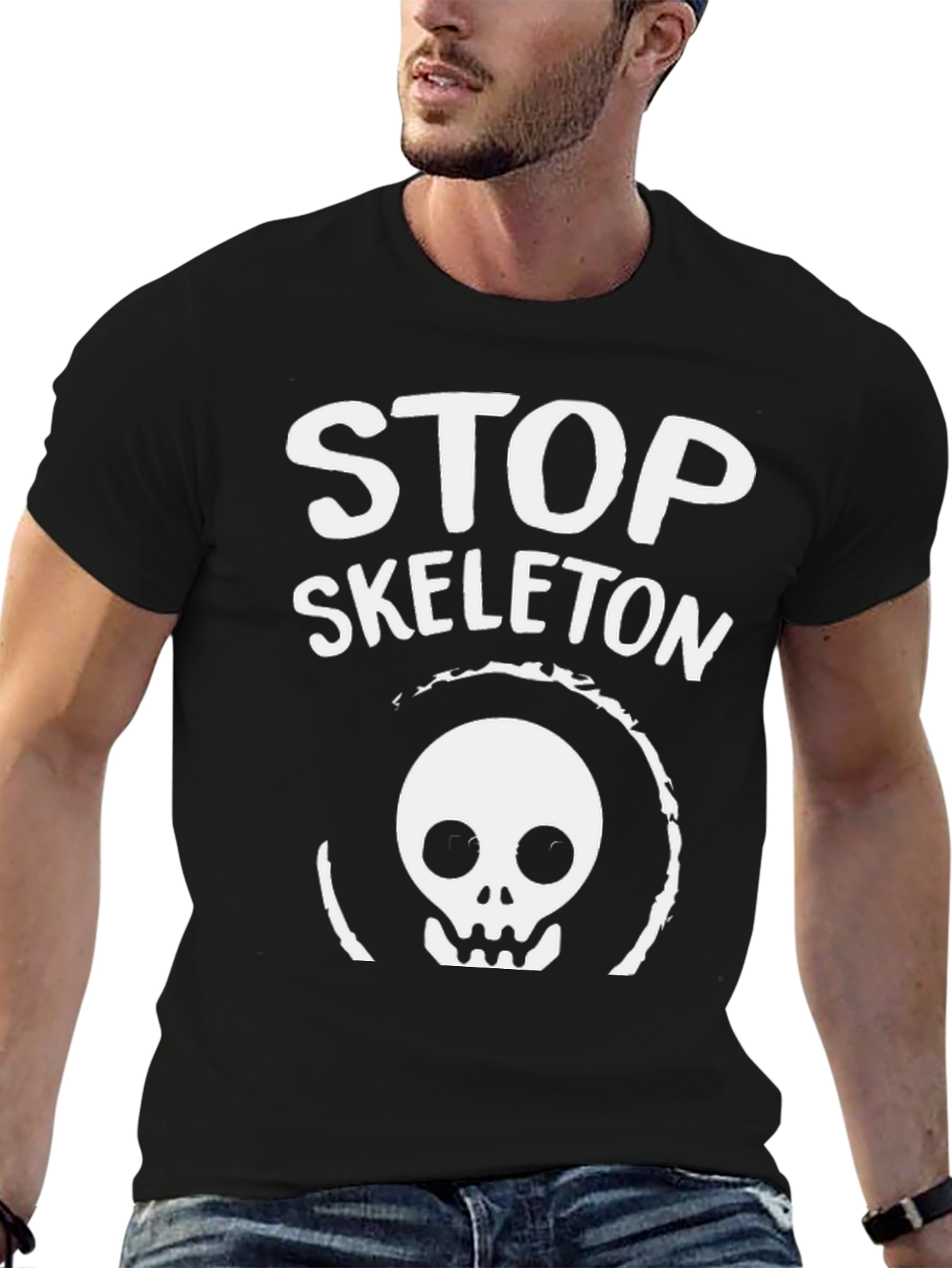 Stop Skeleton Graphic Tee - Black Cotton Casual Shirt