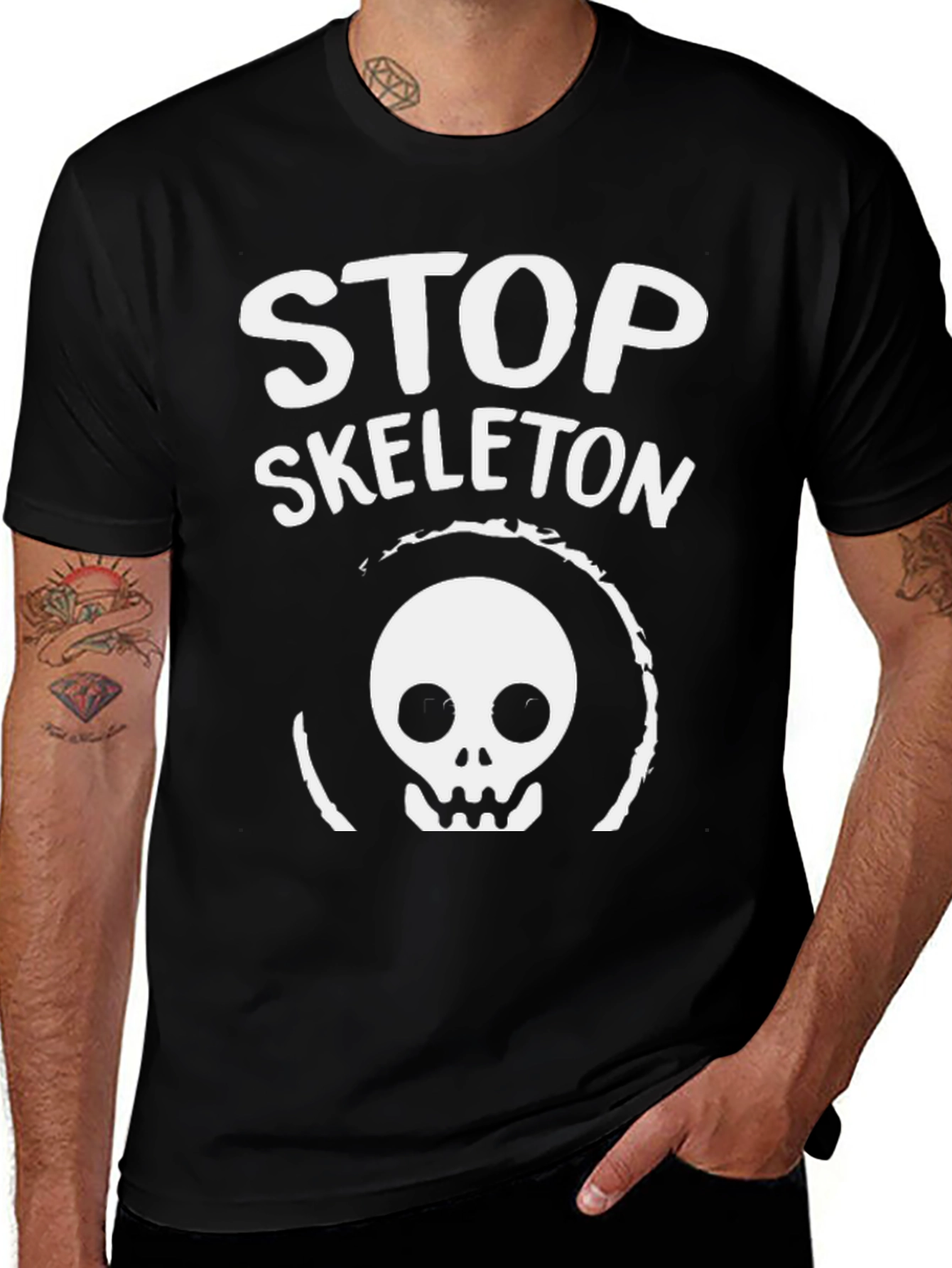 Stop Skeleton Graphic Tee - Black Cotton Casual Shirt