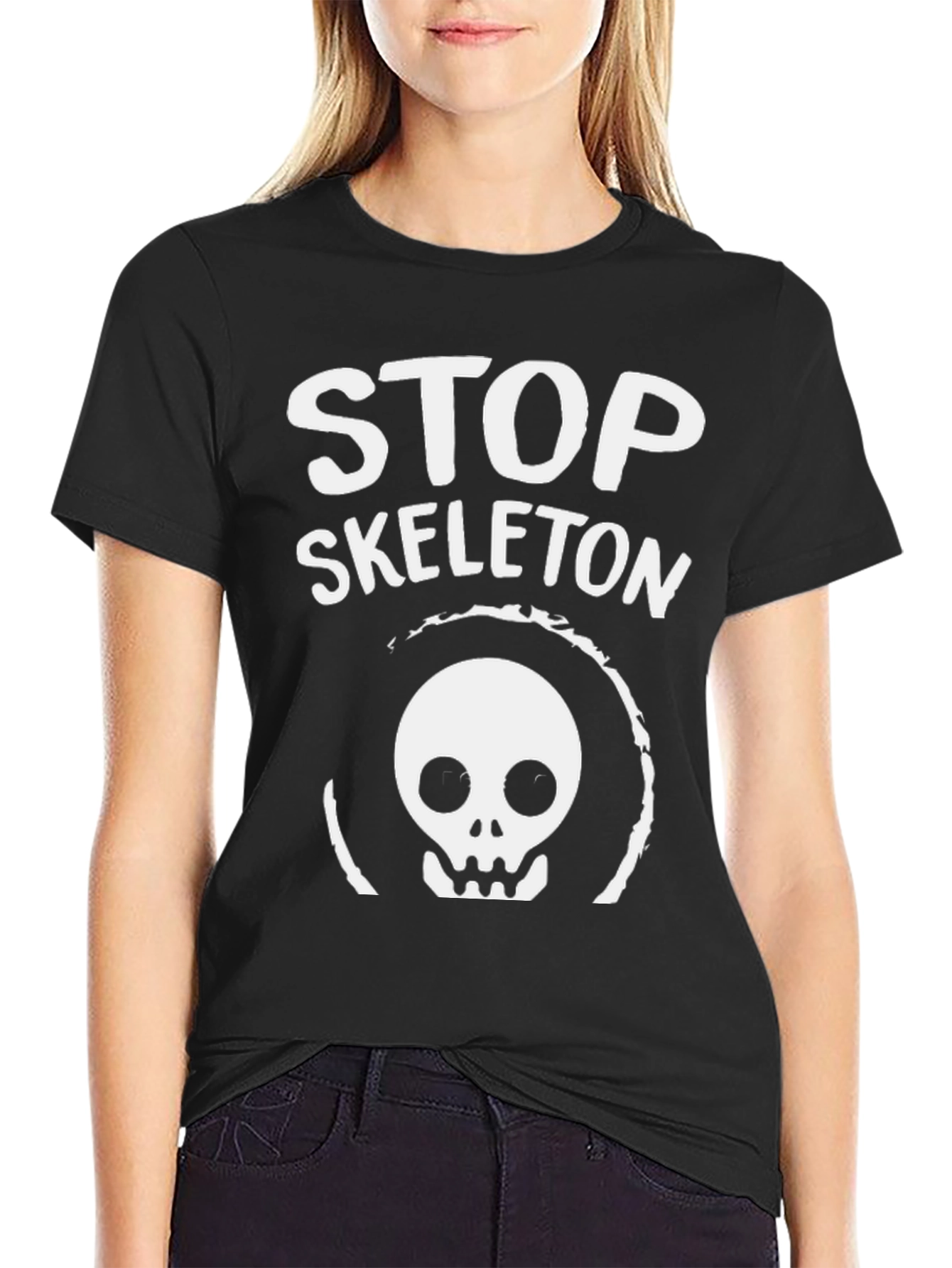 Stop Skeleton Graphic Tee - Black Cotton Casual Shirt