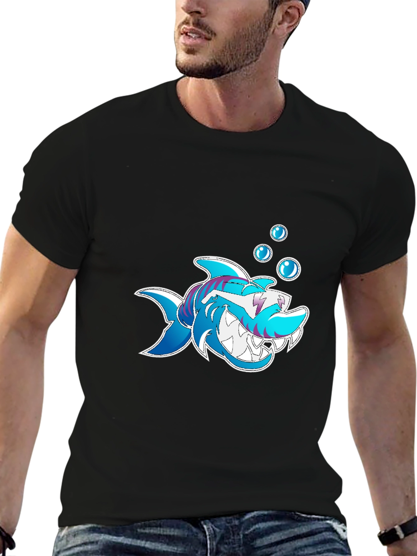 Shark Cartoon Graphic Black T-Shirt