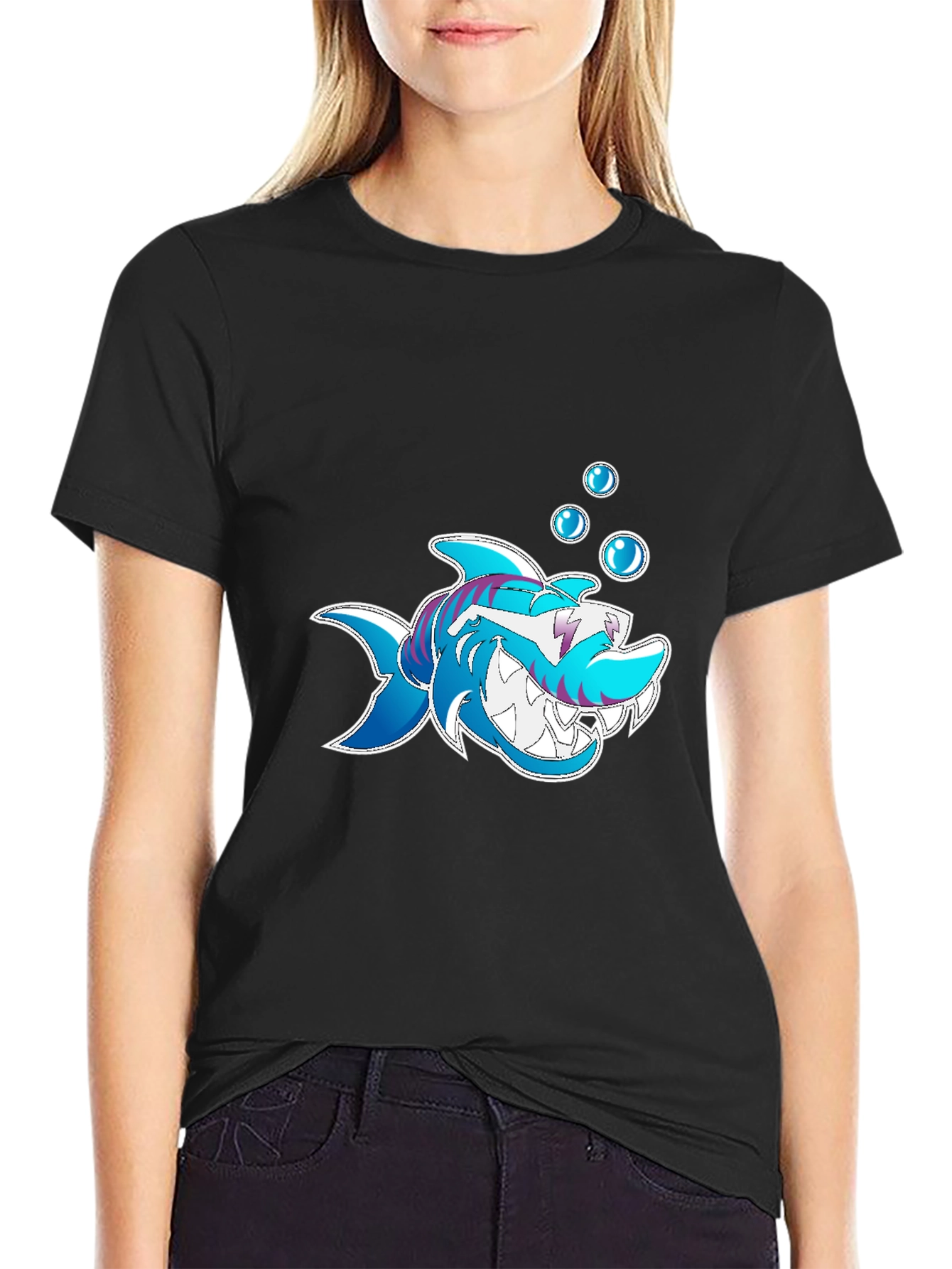 Shark Cartoon Graphic Black T-Shirt