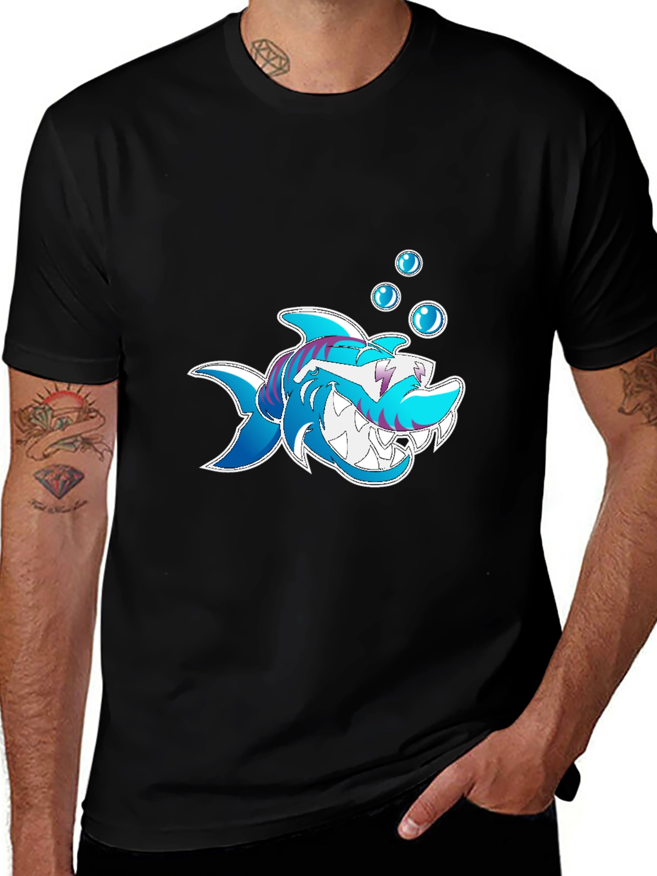 Shark Cartoon Graphic Black T-Shirt