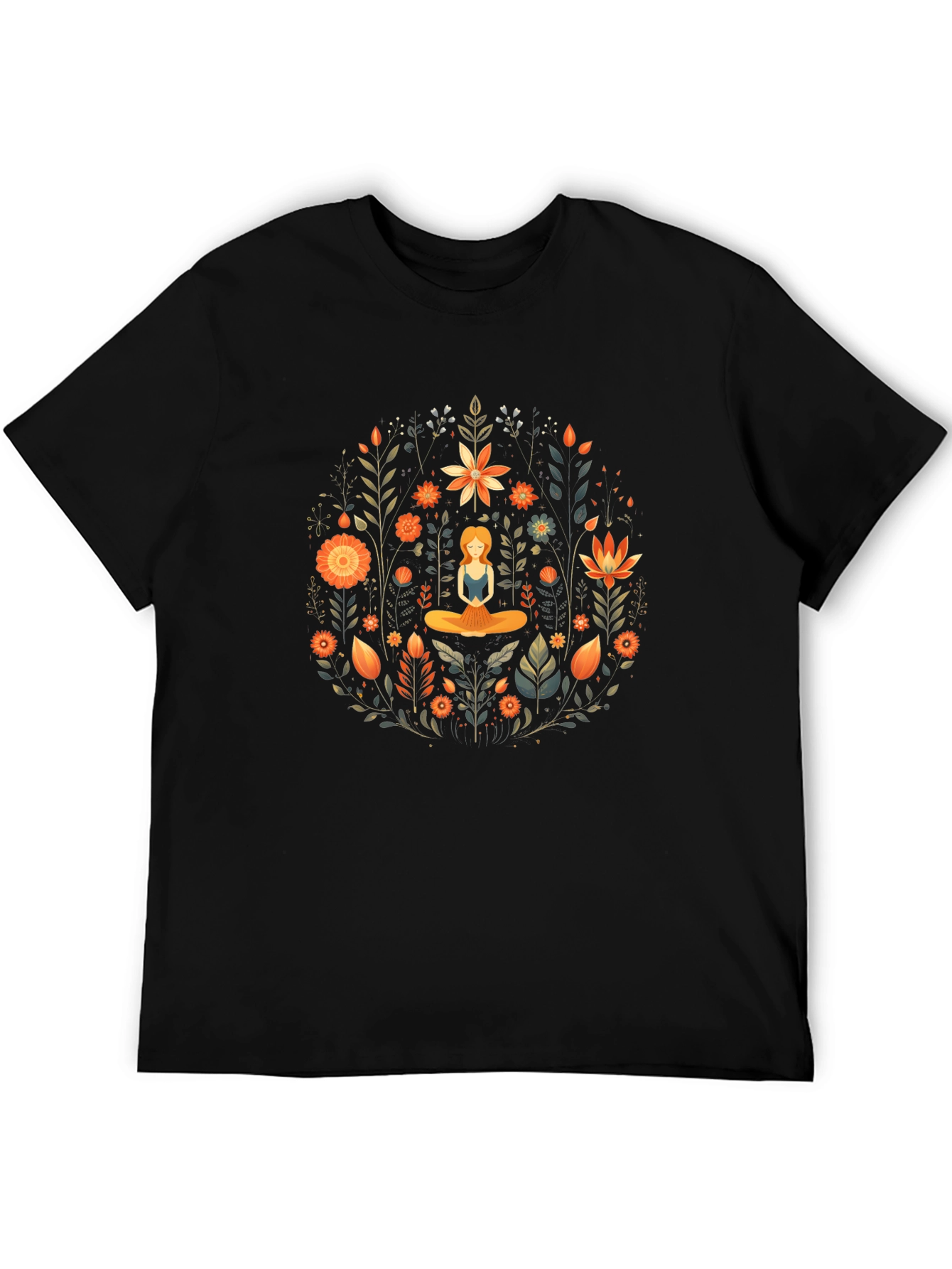 Yoga Meditation Floral Design Black T-Shirt