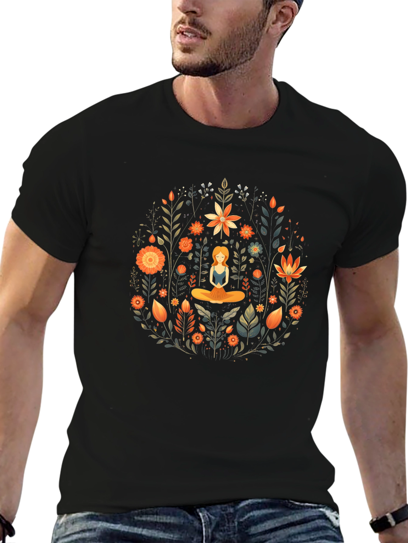 Yoga Meditation Floral Design Black T-Shirt