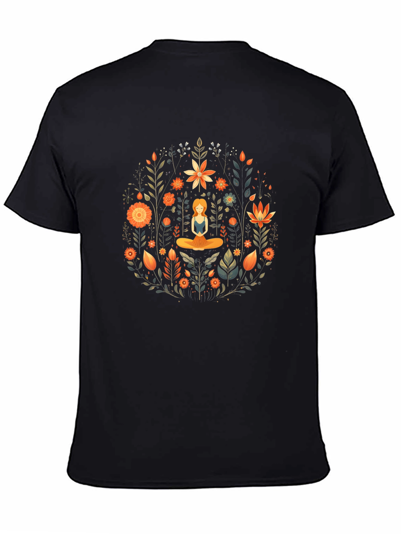 Yoga Meditation Floral Design Black T-Shirt