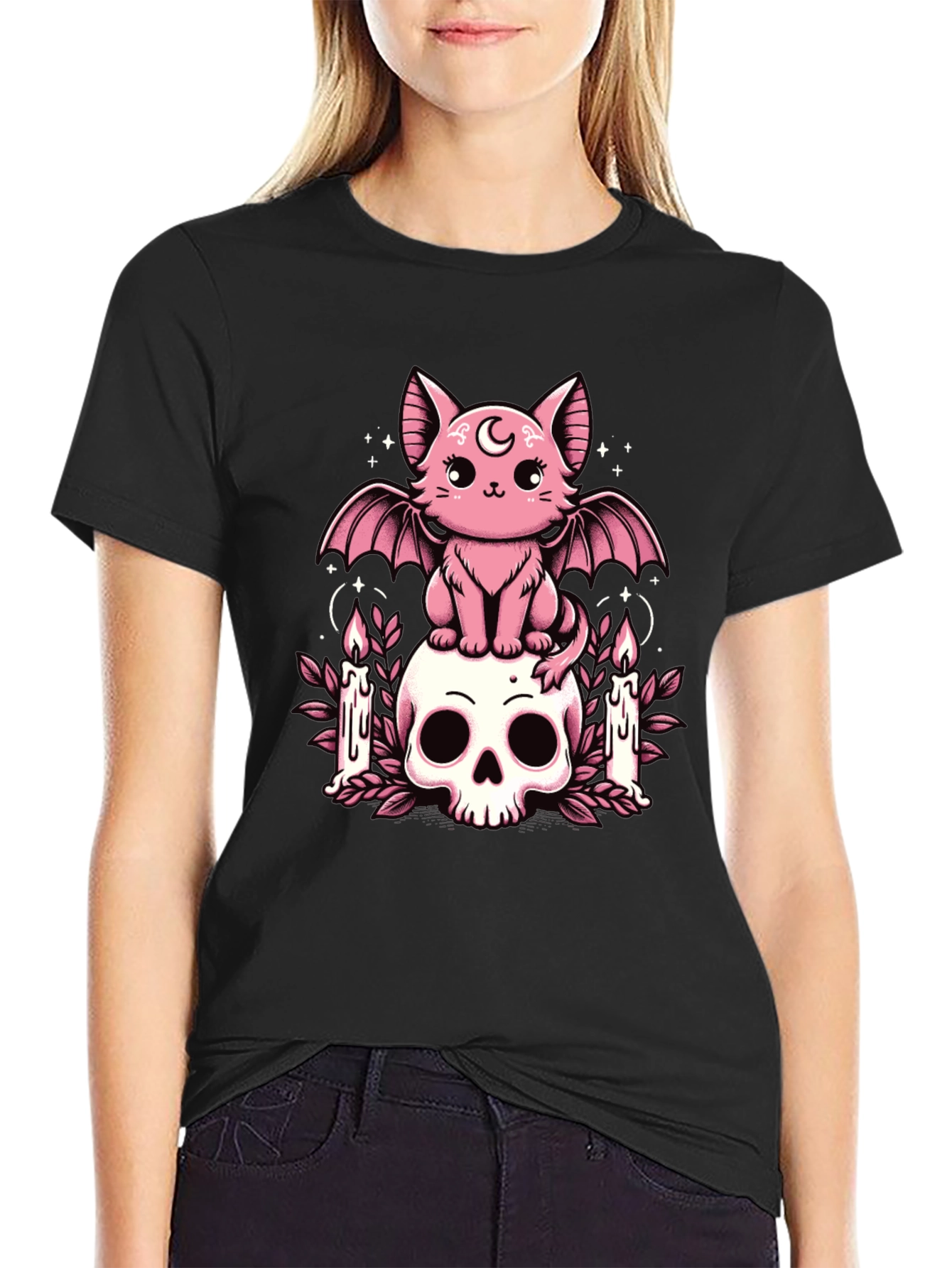 Gothic Bat Cat Skull T-Shirt