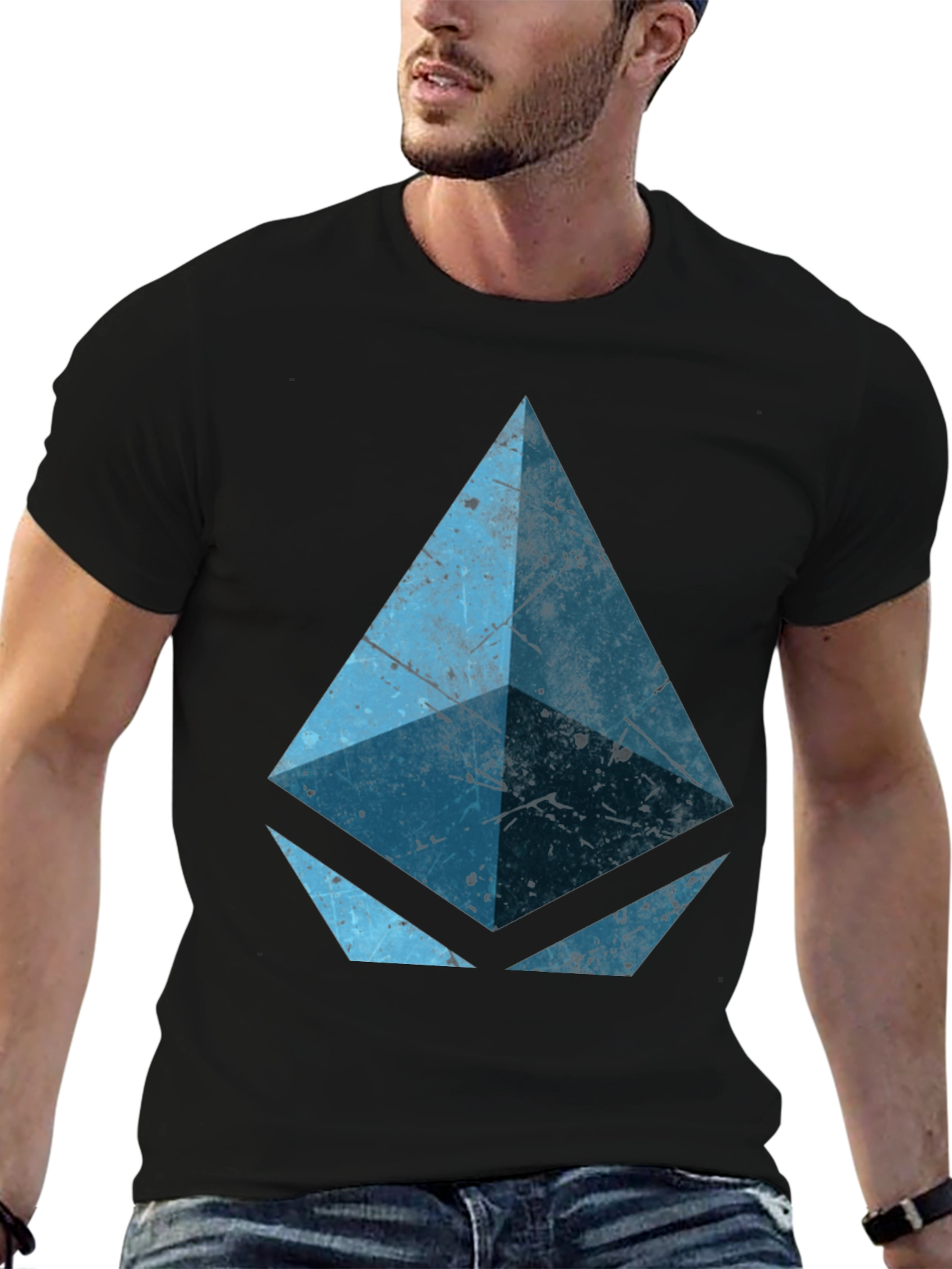 Geometric Blue Graphic Print Black Tee