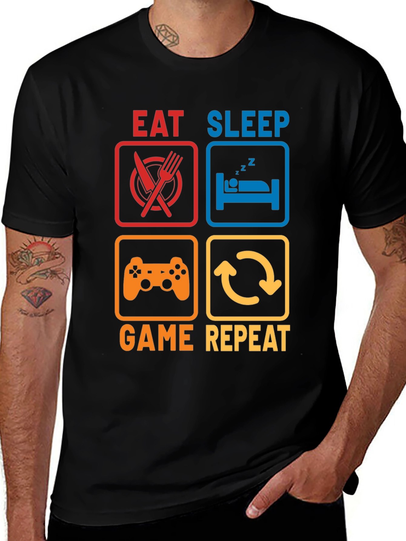 Eat Sleep Game Repeat Black Graphic T-Shirt