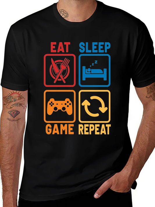Eat Sleep Game Repeat Black Graphic T-Shirt