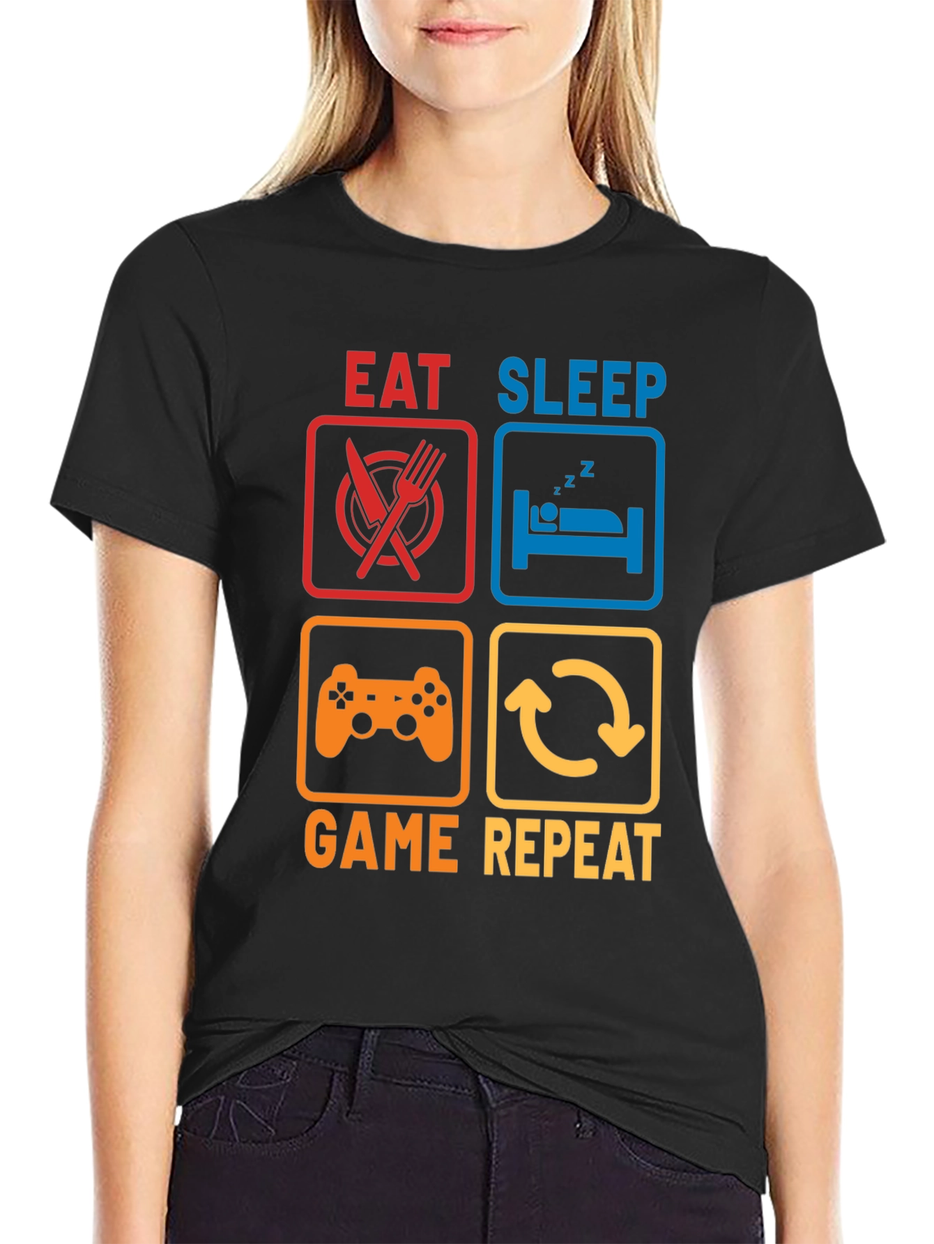 Eat Sleep Game Repeat Black Graphic T-Shirt