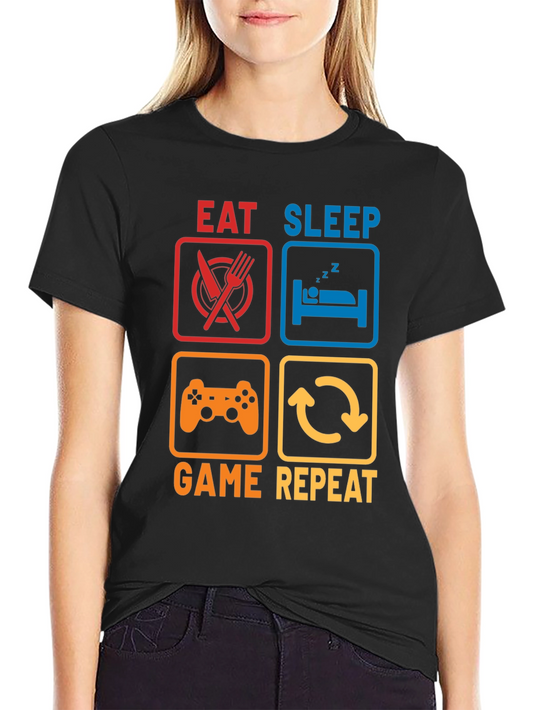 Eat Sleep Game Repeat Black Graphic T-Shirt
