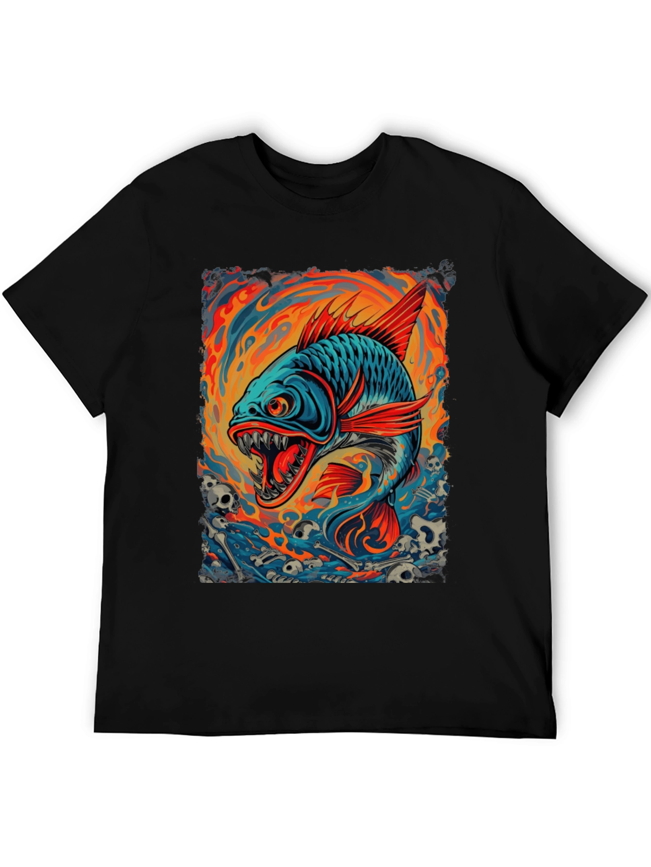 Mens Black T-Shirt - Graphic Fish Design