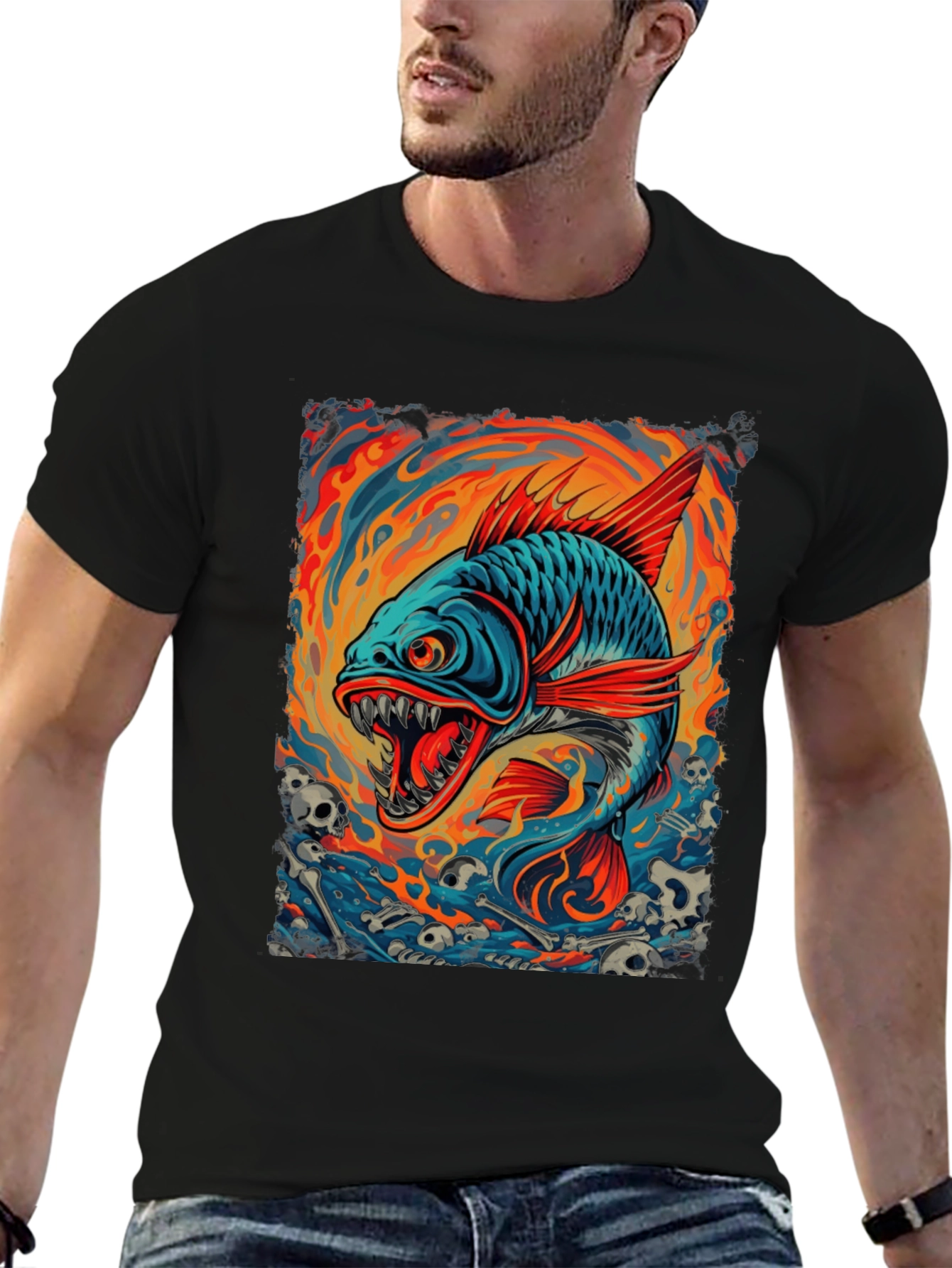 Mens Black T-Shirt - Graphic Fish Design