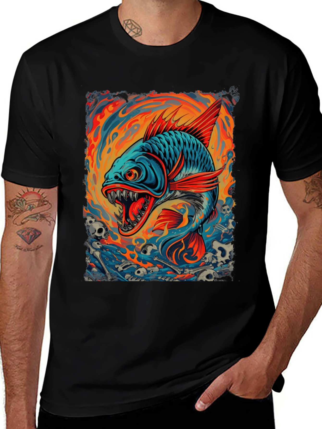 Mens Black T-Shirt - Graphic Fish Design