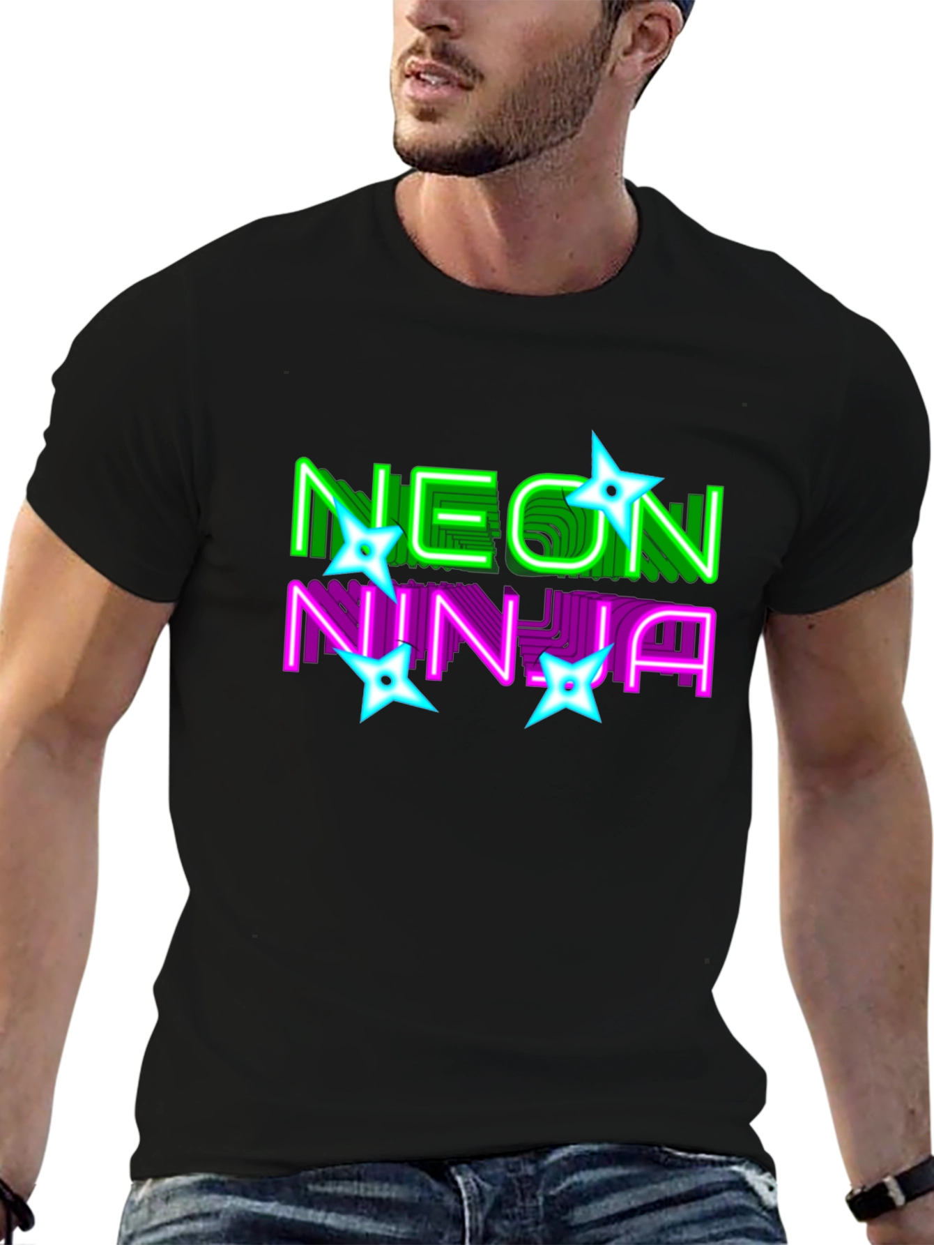Neon Ninja Graphic Print Black T-Shirt