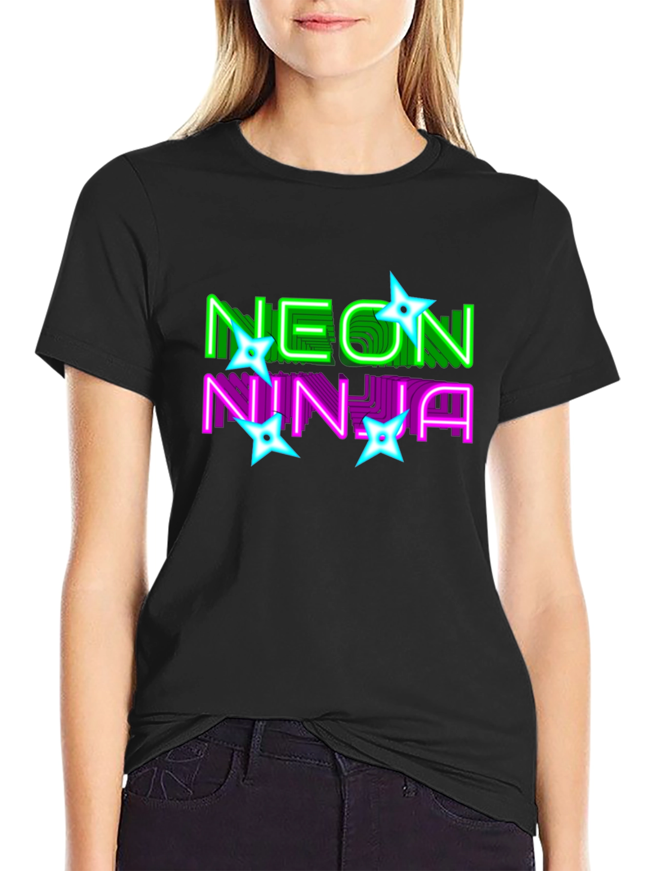 Neon Ninja Graphic Print Black T-Shirt
